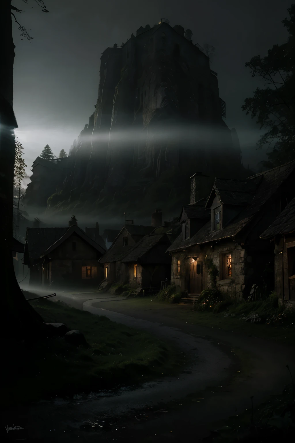 realistic dark oil painting of a medieval village at sunrise, mossy, mist, foggy, shadows, misterious, mithical, dark, rays of light shines trough the woods, ambient, depth of field, volumetric lighting, cinematic lighting, moody, heavy darkness, black sky, low angle perspective, by Eyvind Earle