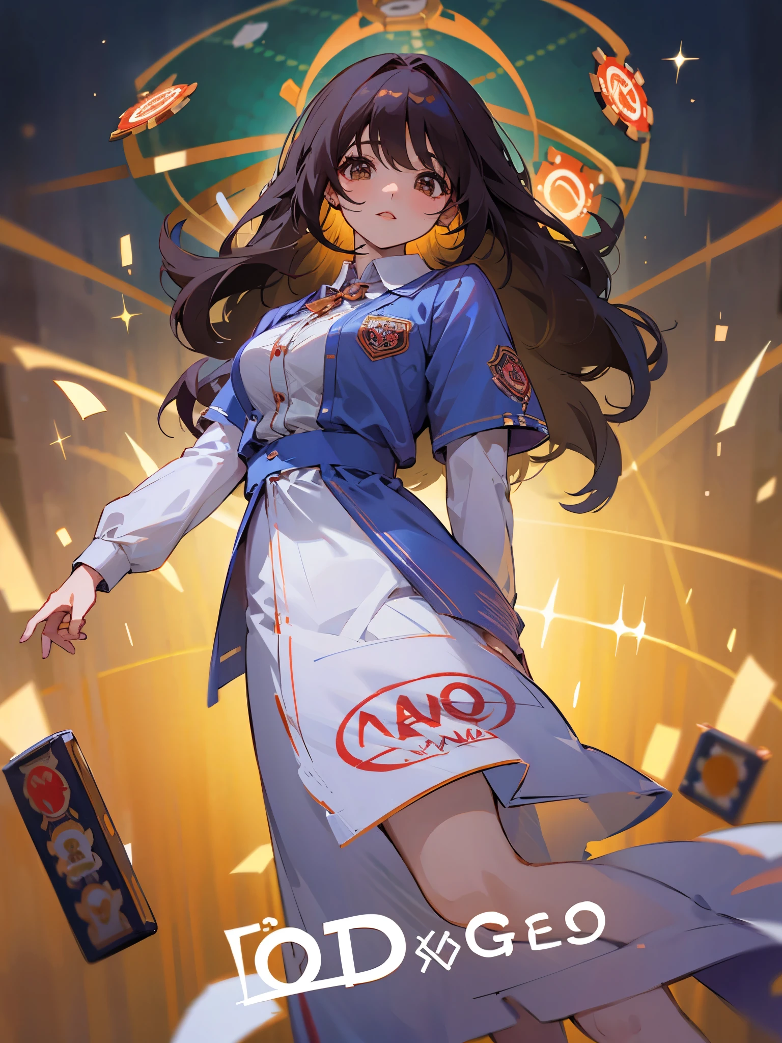 Chica con curvas cabello largo con mucho rulos vestda con ropa deportivas con logo de casino se llama Any fondo catel que dice casino abierto