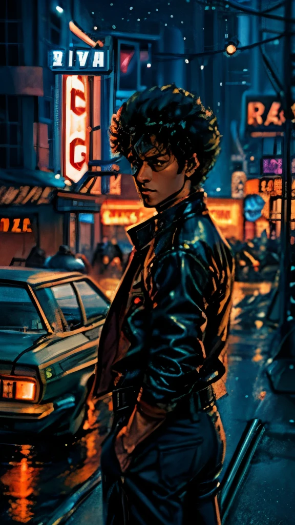 A meticulously crafted oil painting of Spike Spiegel from Cowboy Bebop unfolds before the viewer's eyes, boasting vivid colors and ultra-fine details. The masterpiece showcases Spike in an action-packed pose, clutching a sleek, futuristic weapon with precision and determination. Caught in a moment of intense focus, Spike's visual allure radiates from the canvas.

The bustling cityscape in the background is a testament to the painter's skill, as neon lights and flying cars illuminate the night with a sci-fi flair. The atmospheric setting is further brought to life by the use of contrasting colors