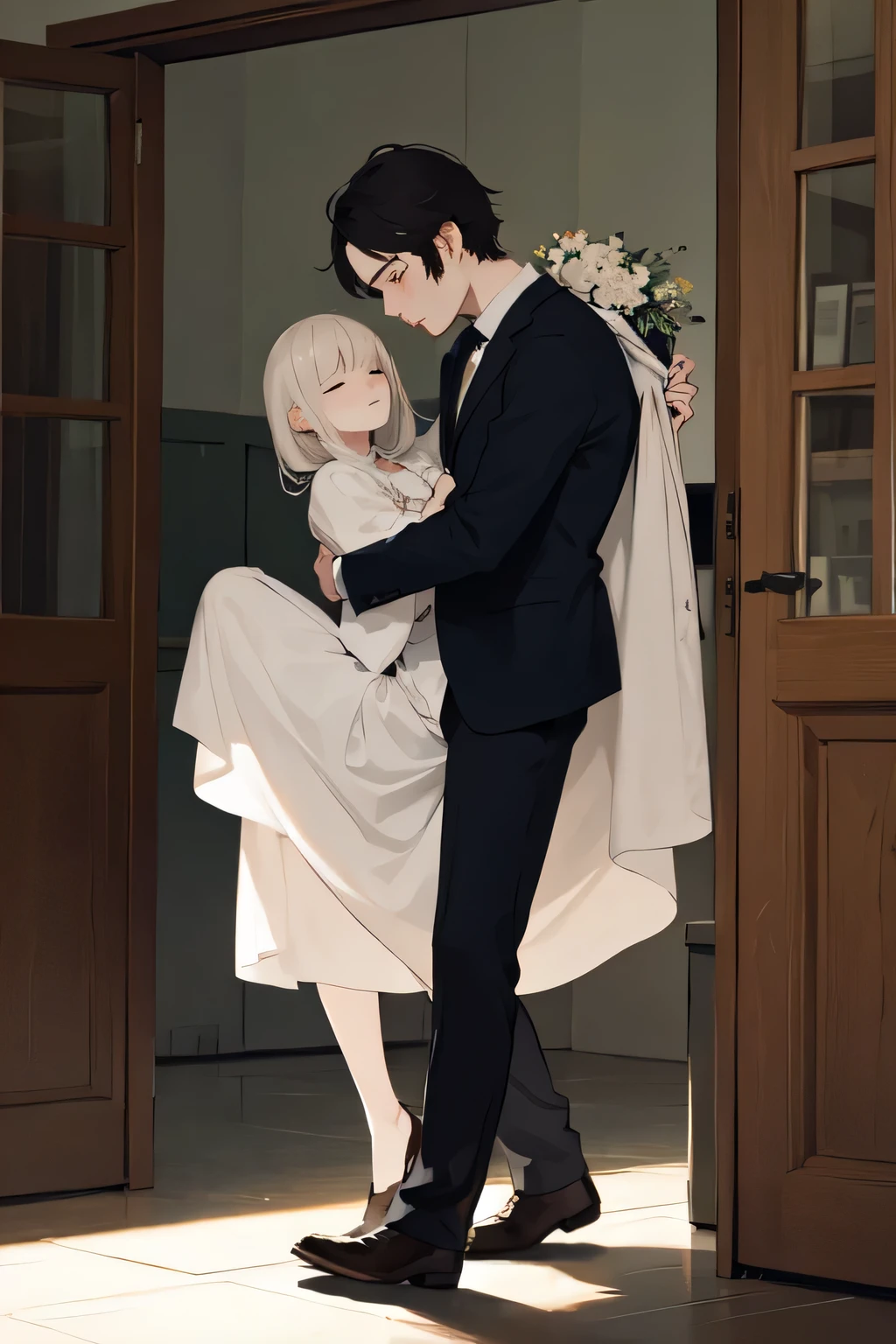 The man carries the sleeping woman on his back