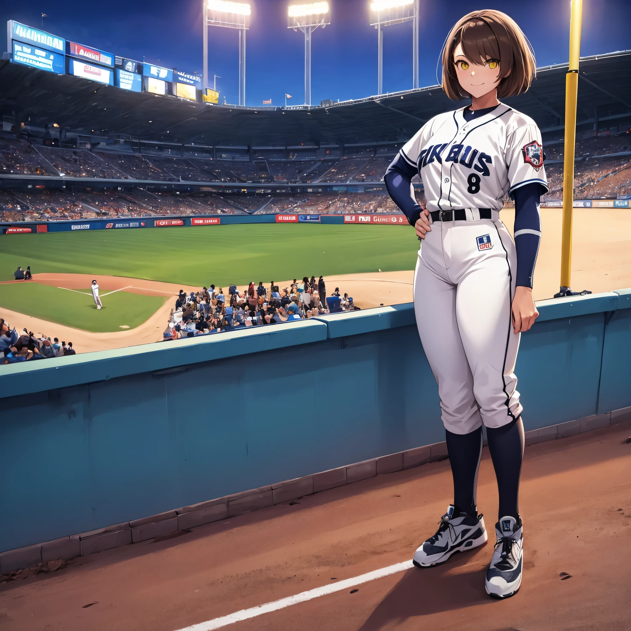 A woman wearing a baseball uniform, in a baseball stadium with baseball players, short brown hair, yellow eyes, smiling, lighting in the baseball stadium, at night, full body.HDR, ultra resolution, well defined, masterpiece, 8K HD. (solo woman)
