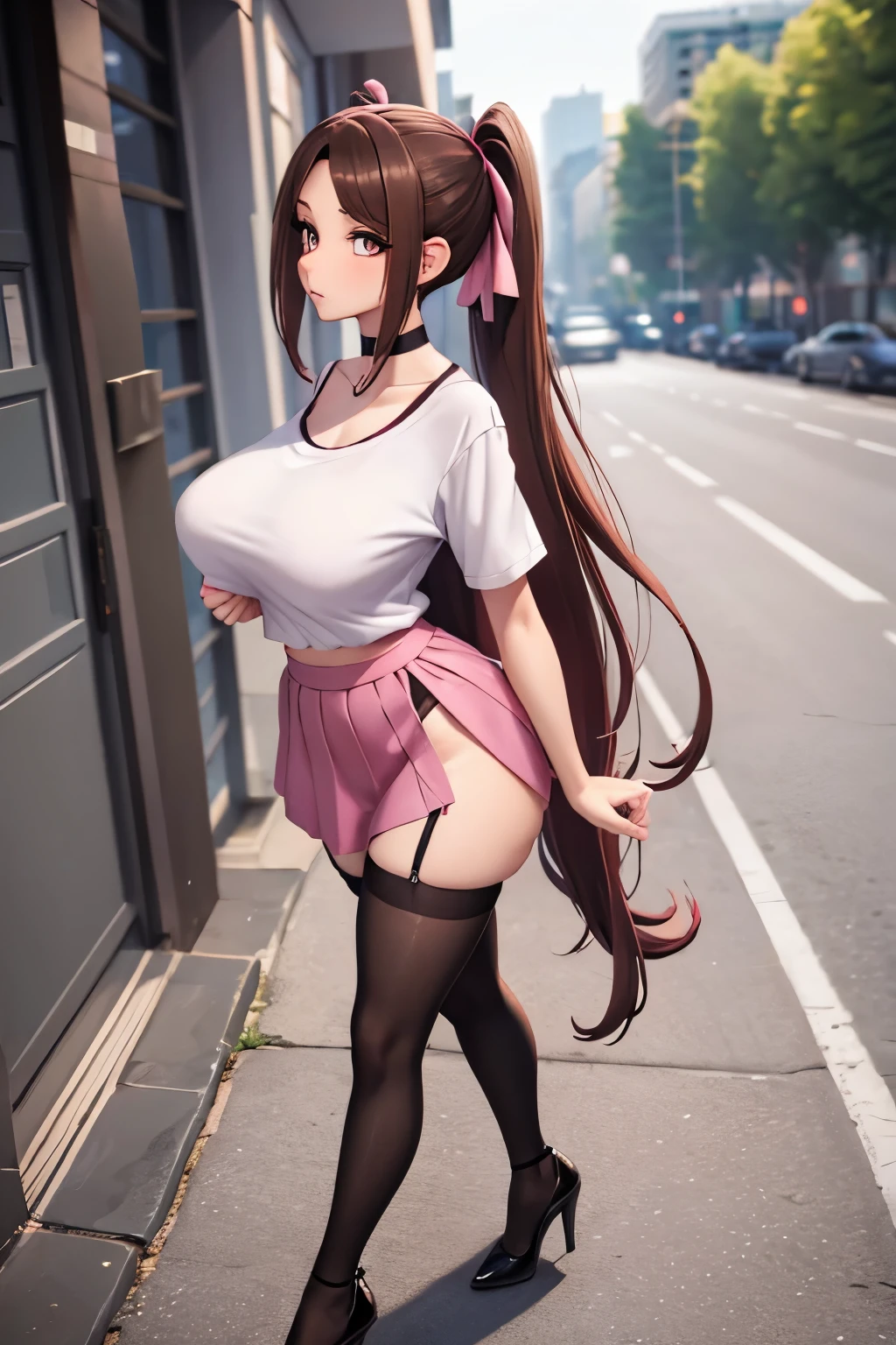 brunette hair, long ponytail, Huge saggy breasts, skinny waist, slender face  full body, fully clothed, hair ribbon pink, walking, young, beautiful, big pink eyes, realistic, looking to the side, heels, stockings, choker, short sleeves loose t-shirt, full skirt, breast lift, 