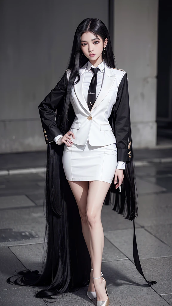 woman, (สาวสวยTwo meter long hair, very long hair, Extra long hair, long black hair), ชุดสูทนักธุรกิจwomanสั้นwhiteรัดรูป, British Suit white, (ใส่สูทwoman, Business woman&#39;s suit, white), (ชุดสูทwomanwhite), (เสื้อเชิ้ตwhite), (เนกไทwomanสั้นสีดำ, black tie, The Skinny Necktie, Knit tie), (Military rank insignia), (short pencil skirtwhite), (dynamic post), full body, (A gigantic rift), (Huge breasts, thin body, small waist, hips raised, small thighs, Long legs), รองเท้าBlack high heels, (short pencil skirt, white), Wearing a suit for a business woman, (Wearing a white business suit, สูทนักธุรกิจหญิงwhite), (tight, military regalia, เสื้อwhite, กระโปรงwhite), (black shoes), (Two-button gold-colored suit buttons, Two meter long hair, Form-fitting suit, เสื้อสูทwhiteทรงธรรมดารัดรูป), (black shoes, high-heels, Black high heels), (stand, dynamic post), short suit, earring, ((ข้าราชการใส่สูทwhiteประดับmilitary regalia)),