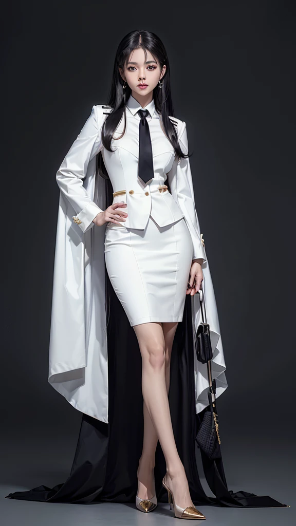 woman, (สาวสวยTwo meter long hair, very long hair, Extra long hair, long black hair), ชุดสูทนักธุรกิจwomanสั้นwhiteรัดรูป, British Suit white, (ใส่สูทwoman, Business woman&#39;s suit, white), (ชุดสูทwomanwhite), (เสื้อเชิ้ตwhite), (เนกไทwomanสั้นสีดำ, black tie, The Skinny Necktie, Knit tie), (Military rank insignia), (short pencil skirtwhite), (dynamic post), full body, (A gigantic rift), (Huge breasts, thin body, small waist, hips raised, small thighs, Long legs), รองเท้าBlack high heels, (short pencil skirt, white), Wearing a suit for a business woman, (Wearing a white business suit, สูทนักธุรกิจหญิงwhite), (tight, military regalia, เสื้อwhite, กระโปรงwhite), (black shoes), (Two-button gold-colored suit buttons, Two meter long hair, Form-fitting suit, เสื้อสูทwhiteทรงธรรมดารัดรูป), (black shoes, high-heels, Black high heels), (stand, dynamic post), short suit, earring, ((ข้าราชการใส่สูทwhiteประดับmilitary regalia)),