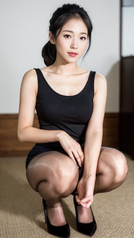 Japanese,mature, (alone), 30 years old, (double),whole body,Medium Hair, Glamour, Large Breasts、Pure white skin, Photographed from the front,Observe the audience、(Black Tank Top)、Black Pantyhose,(Black high heels)、In front of a white wall、Squat,Legs apart