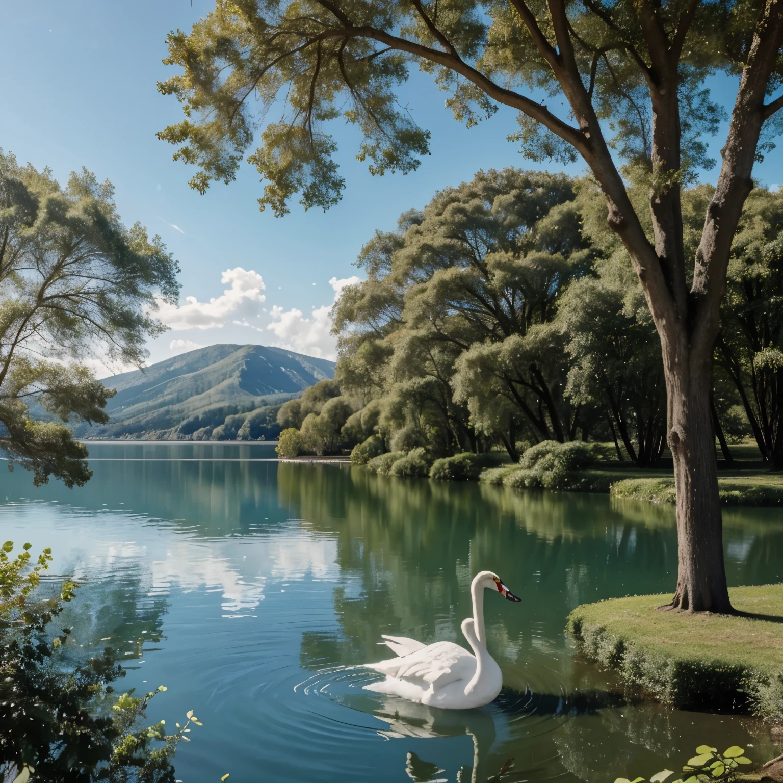 Pintura de cisne nadando sobre un lago. On the right side there is a very large tree whose leaves touch the water