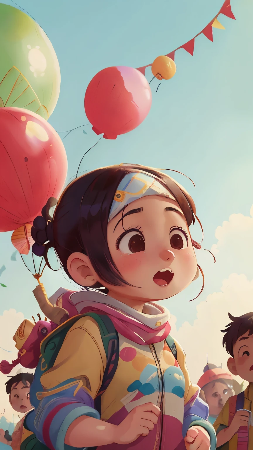 Hijab girl, Chinese girl, two chinese boy, many balloons, happy, happy, perfect quality, clear focus (clutter - home: 0.8), (masterpiece: 1.2) (realistic: 1.2) (bokeh) (best quality) (detailed skin: 1.3) (intricate details) (8K) (detail eyes) (sharp focus), (happy)
