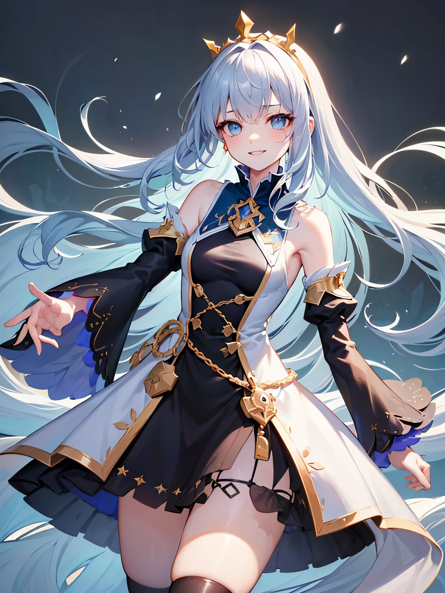 (super detailed:1.3), (((best quality))), ((masterpiece)), (alone)), female focus, solo, ((light blue hair:1.2)), (light blue eyes), ((super long hair:1.4), (ahoge), tiara, bare shoulders, detached sleeves, regal dress, queen, nobility, thick thighs, zettai ryouiki, snow, blizzard, ice, smile, small breasts, small scar, (pale skin:1.1), hair of a wicked witch, (eye scar:1.2)