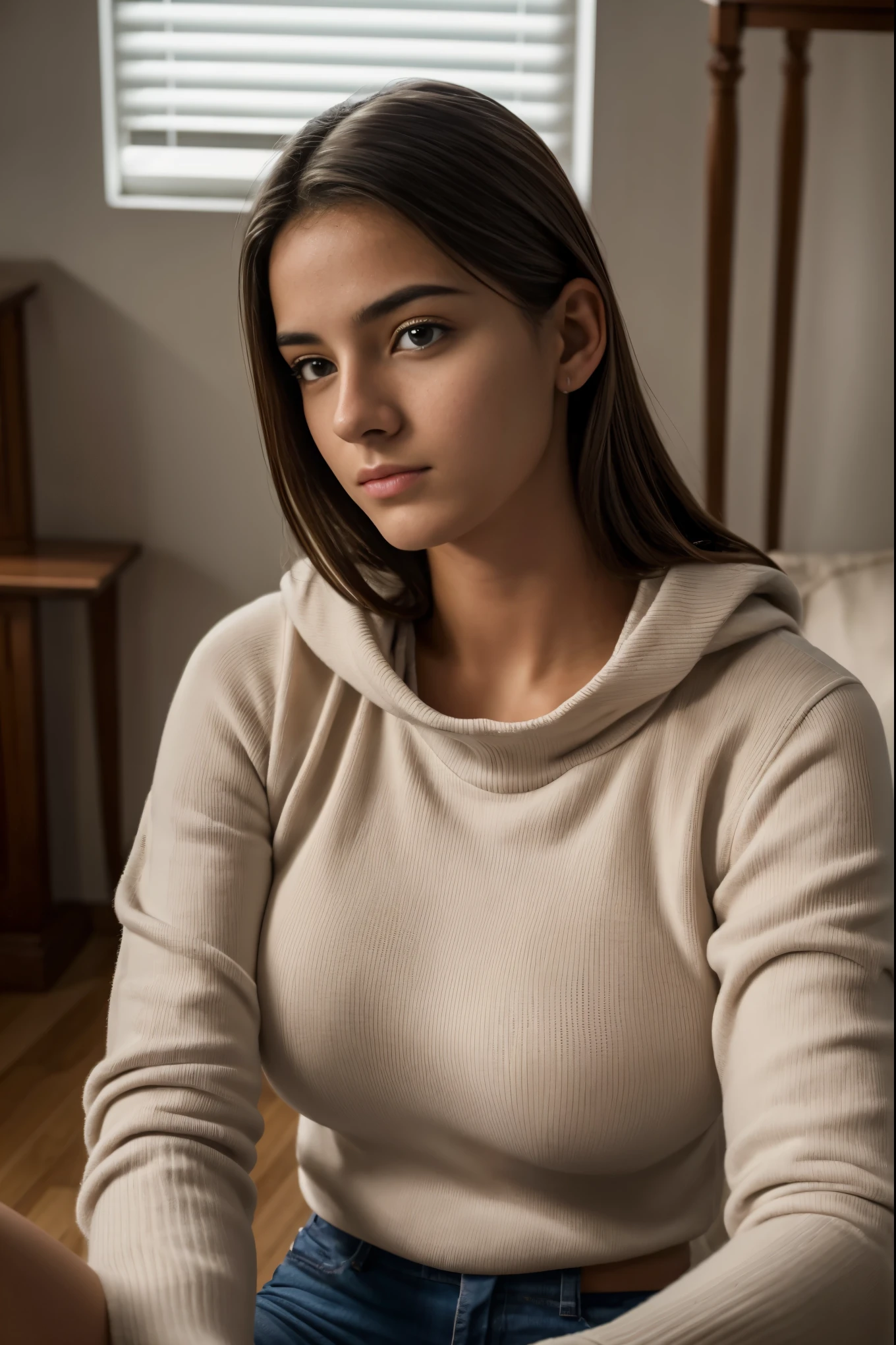 Foto RAW en secuencia, A photo of a 17-year-old teenager, ((selfie de la parte superior del cuerpo)), rostro detallado, tomas de fondo detalladas y ligeramente desenfocadas, luces naturales, HDR, foto realista, profesional photography, visible para el espectador, apariencia sexy, fotorrealista, linda, piel natural, 8k UHD, alta calidad, Film grain, Fujifilm XT3 sits on the floor with big breasts sweter z dużym dekoltem