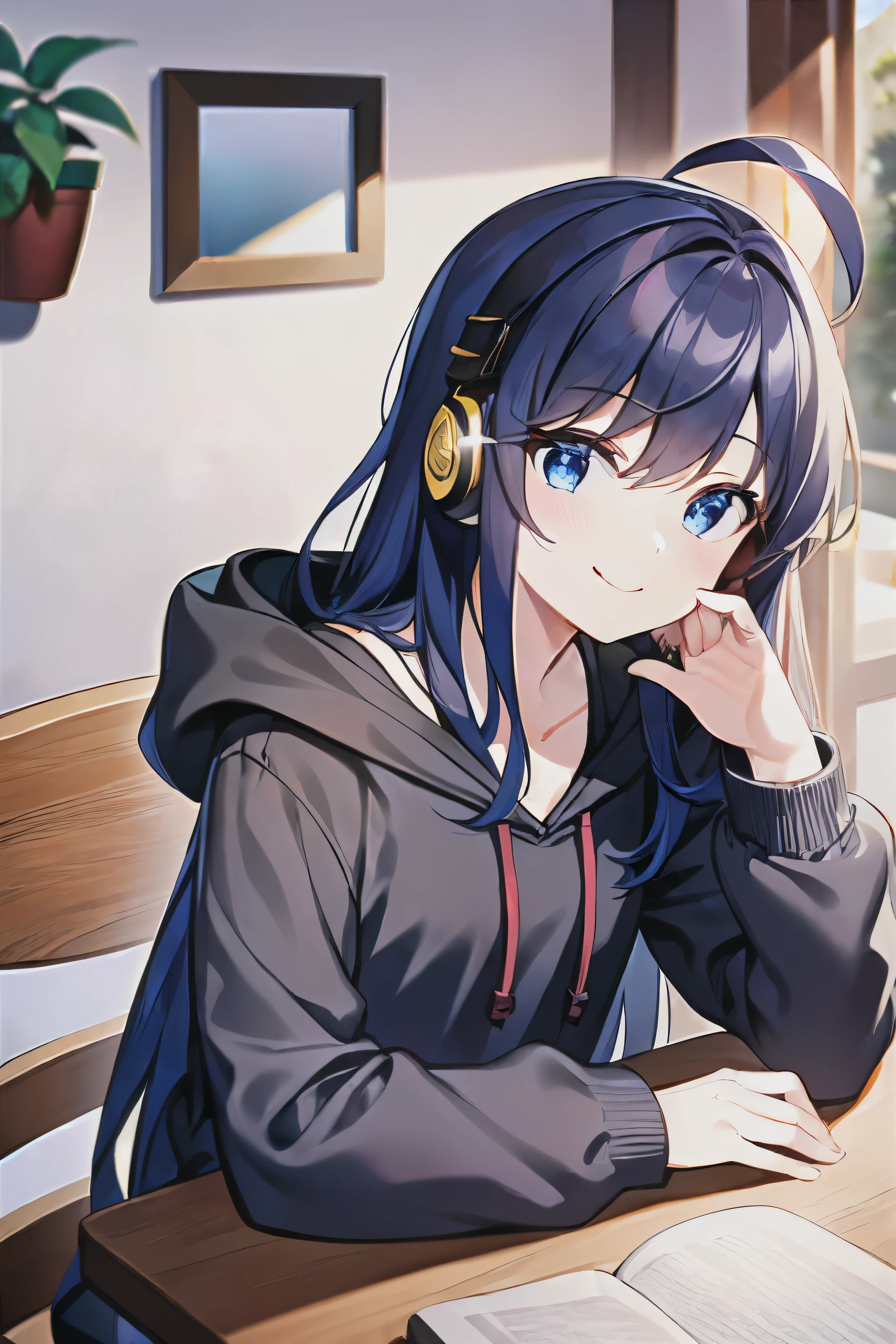(((masterpiece))) (((highest quality))), (((beautiful))), (((8K))), (((High resolution))), (1 girl:1.3), (child:1.5), (:1.4), (Dark blue straight long hair:1.3), (very long, Dark blue sideburns), (Very wide parted dark blue bangs:1.3), (Simple hair clip:1.4), (Ahoge:1.4), (small blue eyes:1.2), (Slightly droopy eyes:1.3), (Super thick sideburns and super long sideburns:1.1), (Ultra-flat chest:1.4), (extremely small breasts:1.4), (smiling:1.3), (sitting in a chair), listen to music, (red headphones:1.2), black hoodie, inside the room, (Coffee cup and book on the table:1.5), (flower pot:1.5), (looking away:1.4), (rest one's chin on one's chin:1.6)
