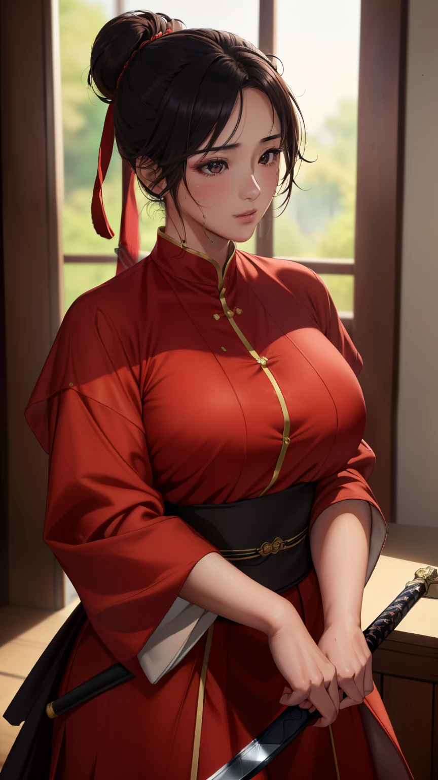 A woman in a red dress holding a knife in her hand - SeaArt AI