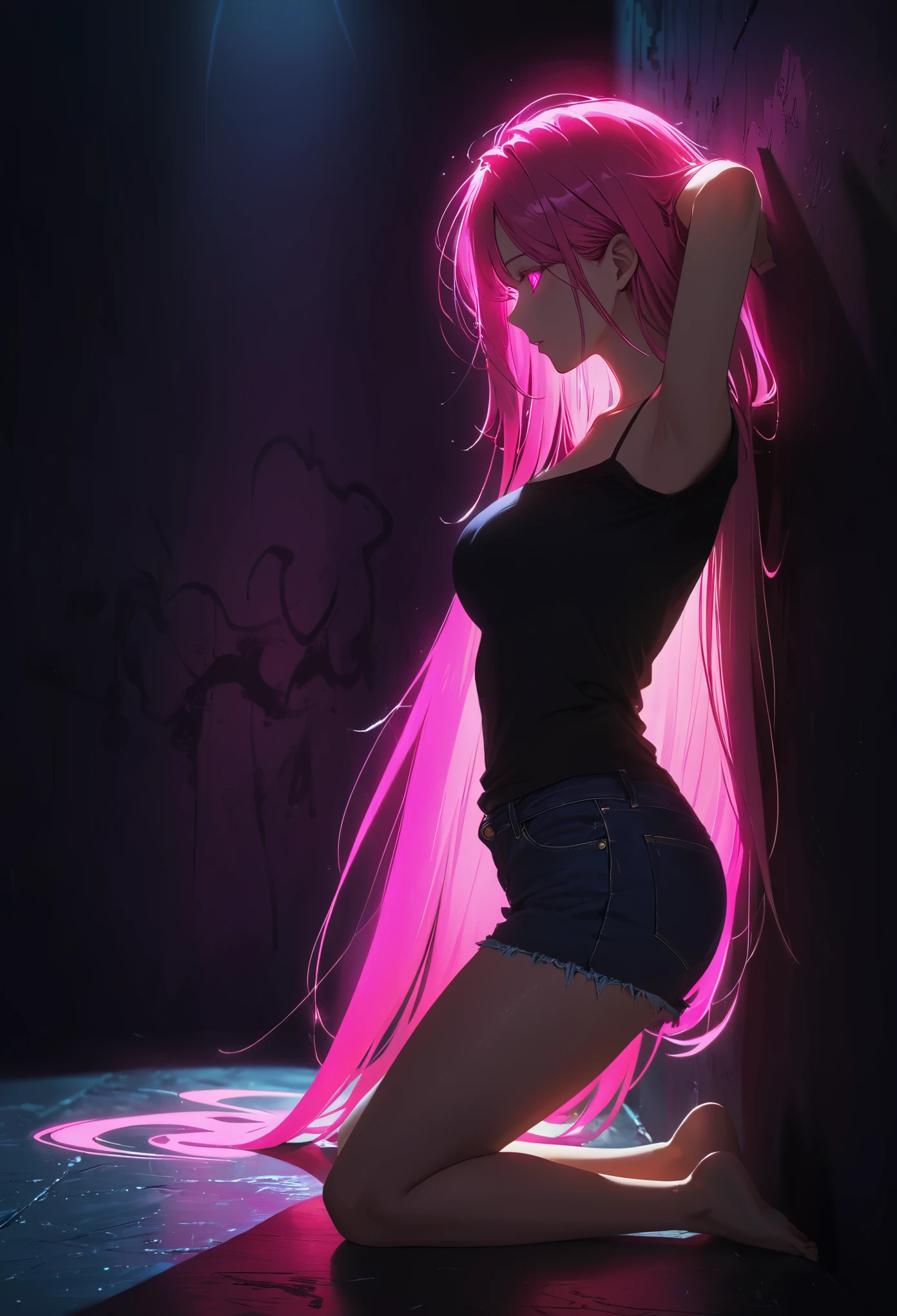 from front POV，(Portrait of a mysterious giant eye), indoor, Fluorescent illumination, (Darkness shrouded, Wall background, black background, shadow, extreme darkness:2.0), Minimalist graffiti style background, Fluorescent pink graffiti, Dark atmosphere, 1girl, Oversized black T-shirt, midlle breasts, Waistless T-shirt, underboob, blurred background, Blurred foreground, Pink fluorescent hair, Fluorescent pink eyes, Bare shoulder, Raise your hand and touch your head, Kneel on the ground, Unbelievably long hair, Messy hair, Low rise denim shorts, silhouette, cowboy shot, cowboy shot, pov, UHD, anatomically correct, super detail, best quality, 16k, masterpiece