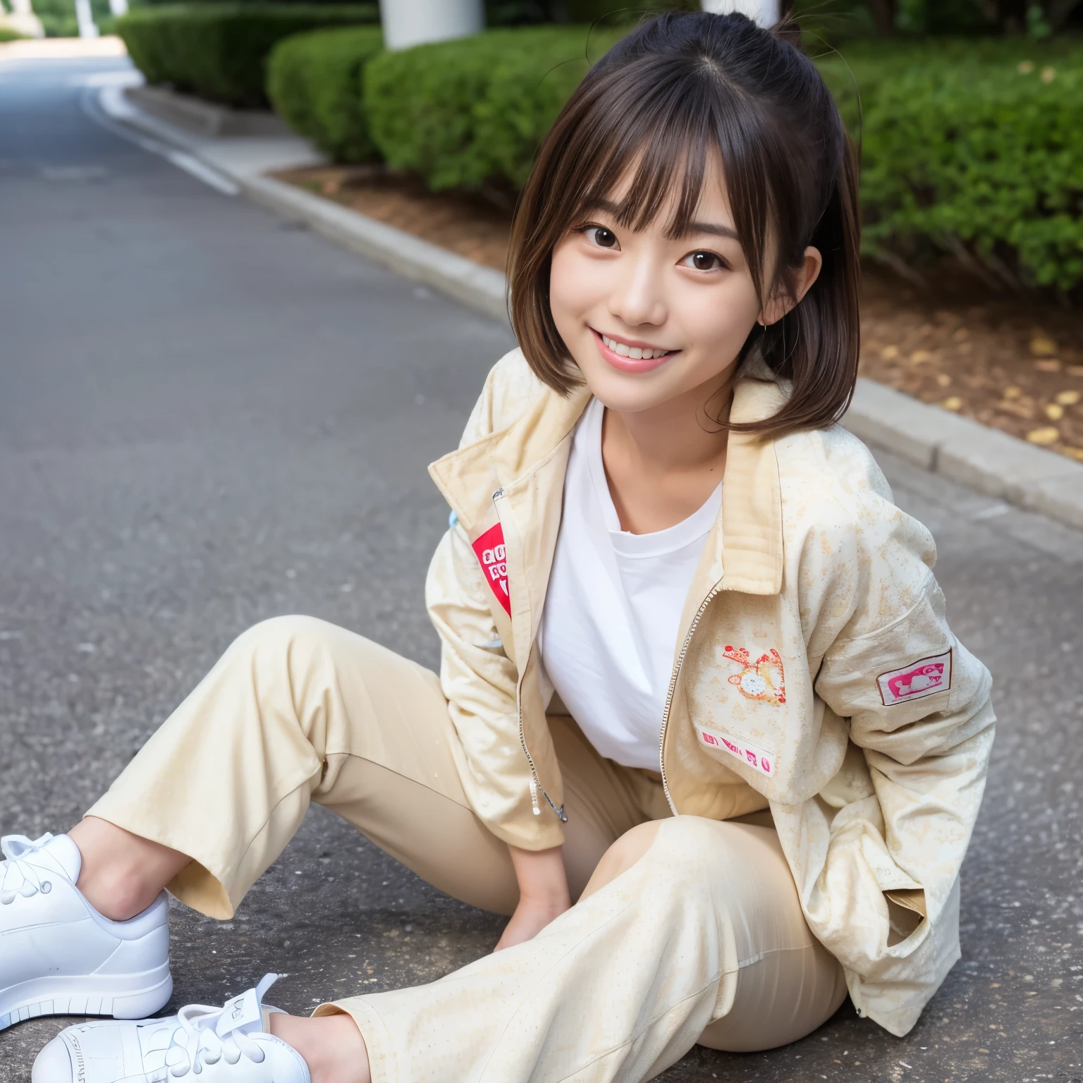 Best-quality, Masterpiece, Ultra-High-Resolution, (Photorealistic:1.4), Raw-Photo, 1girl, the most famous Japanese idol, (((beige jacket over white T-shirt with cute-patterned, beige slacks, white sneakers))), fullbody-shot, at Japanese university, extremely cute face, extremely cute big-eyes, extremely cute hairstyle, extremely beautiful skins, looking at viewer, innocent-smile
