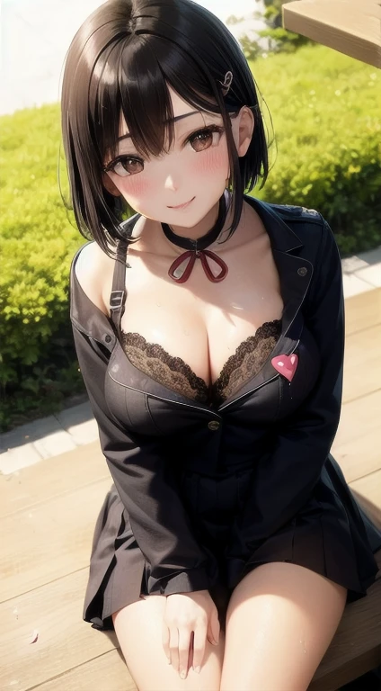 1 girl, blush, cosmetics, 蓝色Uniforms, whole body, wide angle, from above, garden,light, glow, thigh , clavicle, Willow Yao, (on the table), wallpaper,wet、Micro bra that can be seen through clothes、short black hair,Smile,greet,hairpin,low collar,ditch,(((,pray))),Under the cherry trees,Heart-shaped neckline,Chest dew,lend a helping hand,Uniforms