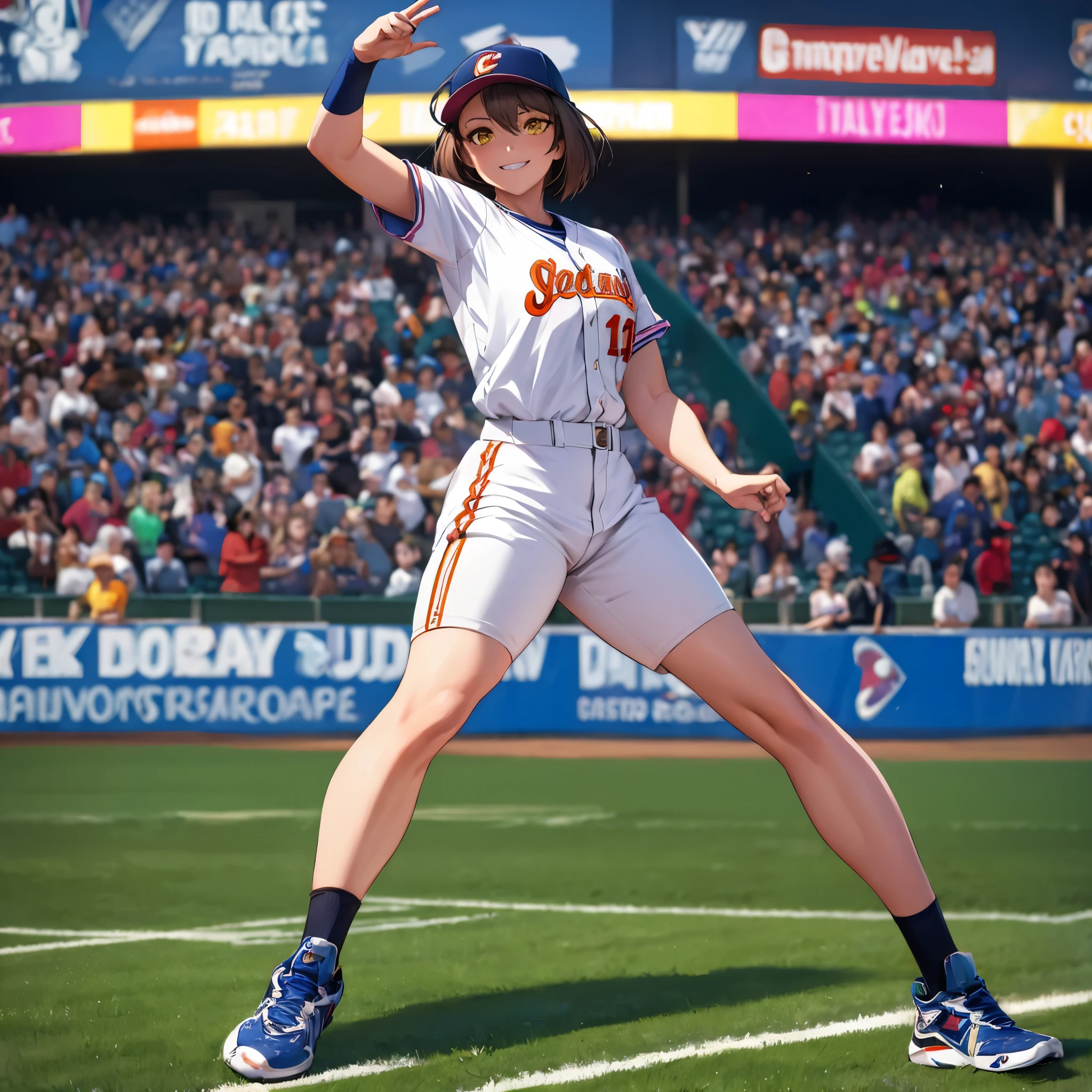 A woman wearing a baseball uniform, in a baseball stadium with baseball players, short brown hair, yellow eyes, smiling, lighting in the baseball stadium, at night, full body.HDR, ultra resolution, well defined, masterpiece, 8K HD. (solo woman)
