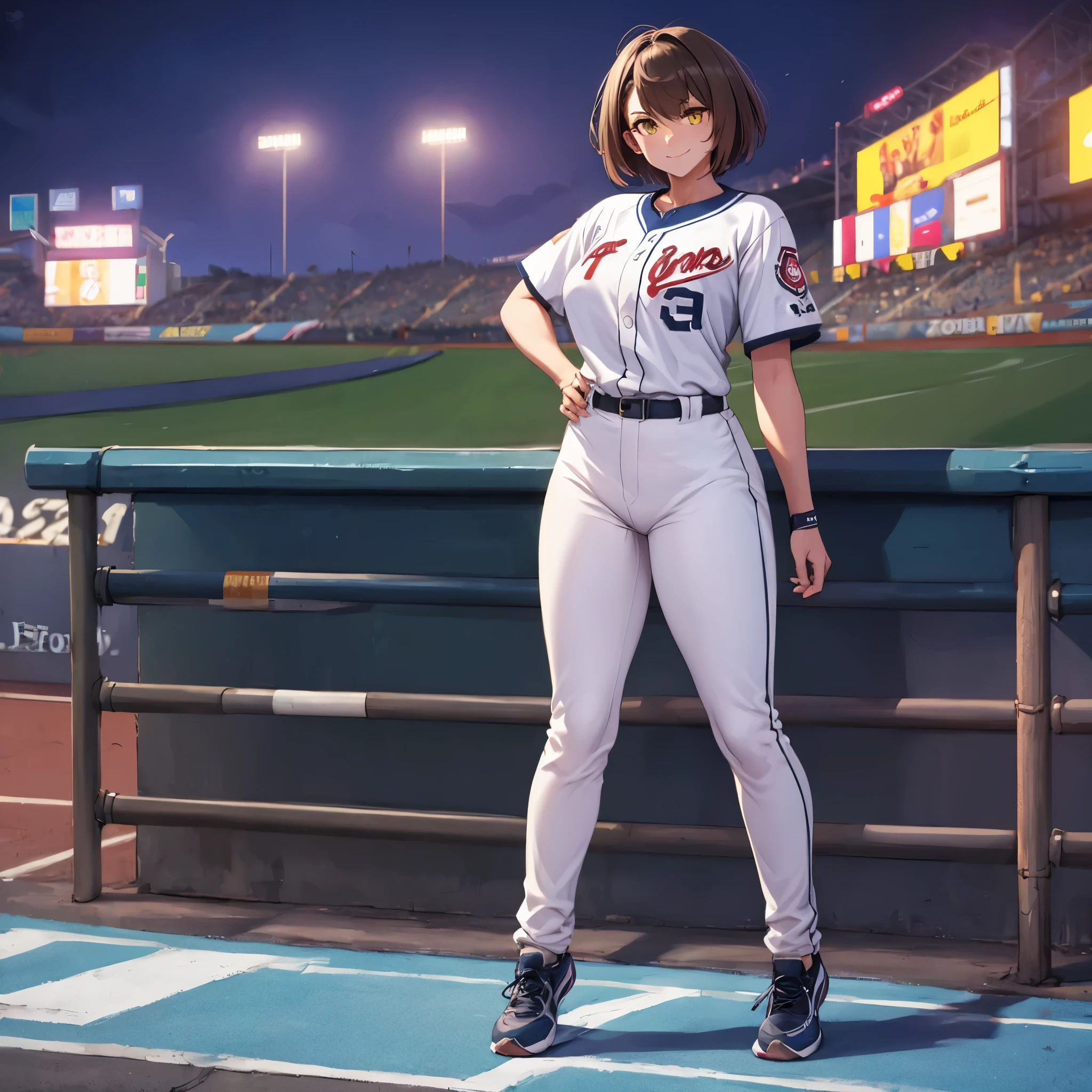 A woman wearing a baseball uniform, in a baseball stadium with baseball players, short brown hair, yellow eyes, smiling, lighting in the baseball stadium, at night, full body.HDR, ultra resolution, well defined, masterpiece, 8K HD. (solo woman)
