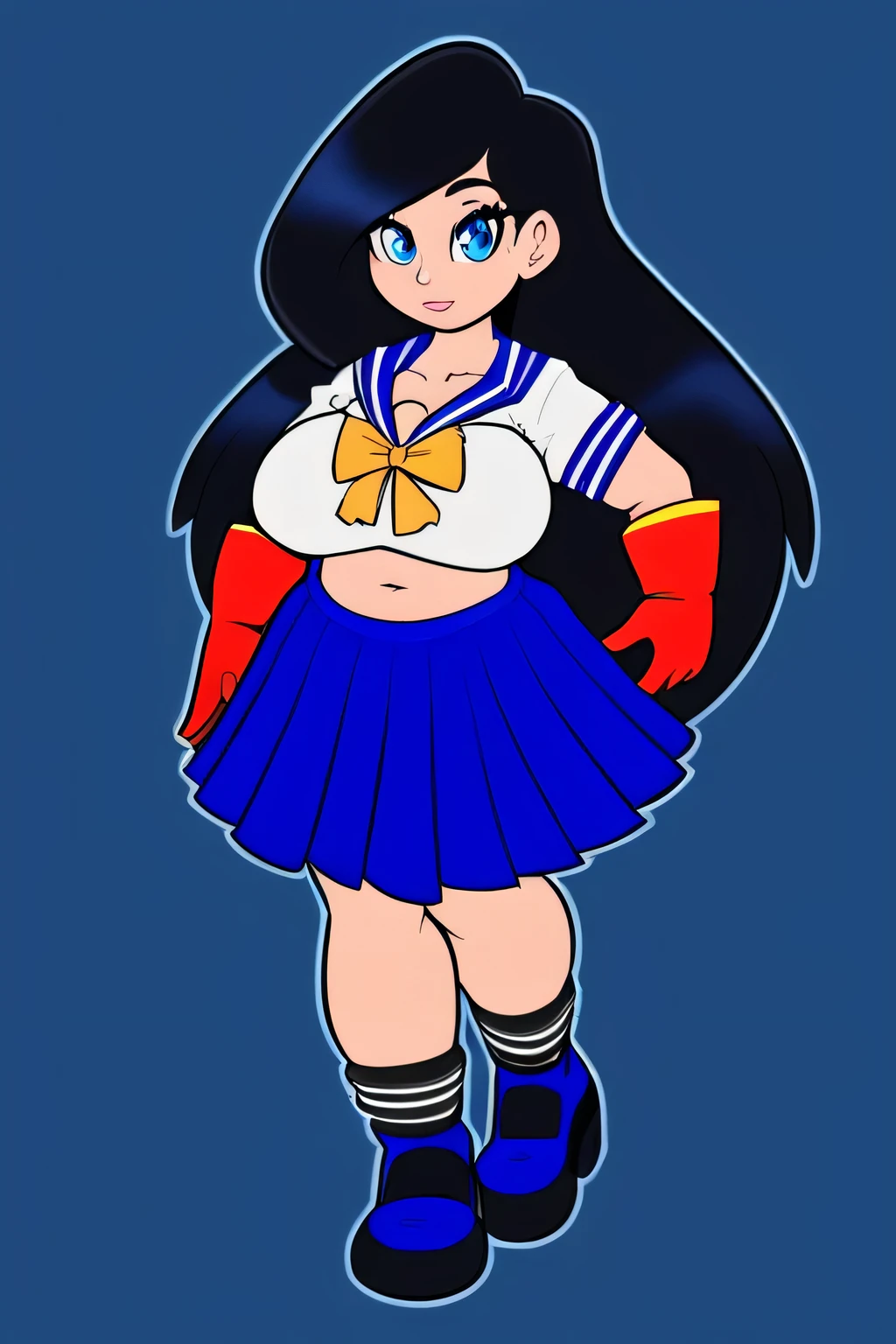 A tall girl, sensual, big breast, long black hair, bright blue eyes, wearing , sailor, yellow ribbon collar, wearing steel red gloves, wearing a circular blue skirt, and wearing socks, chubby black shoe.