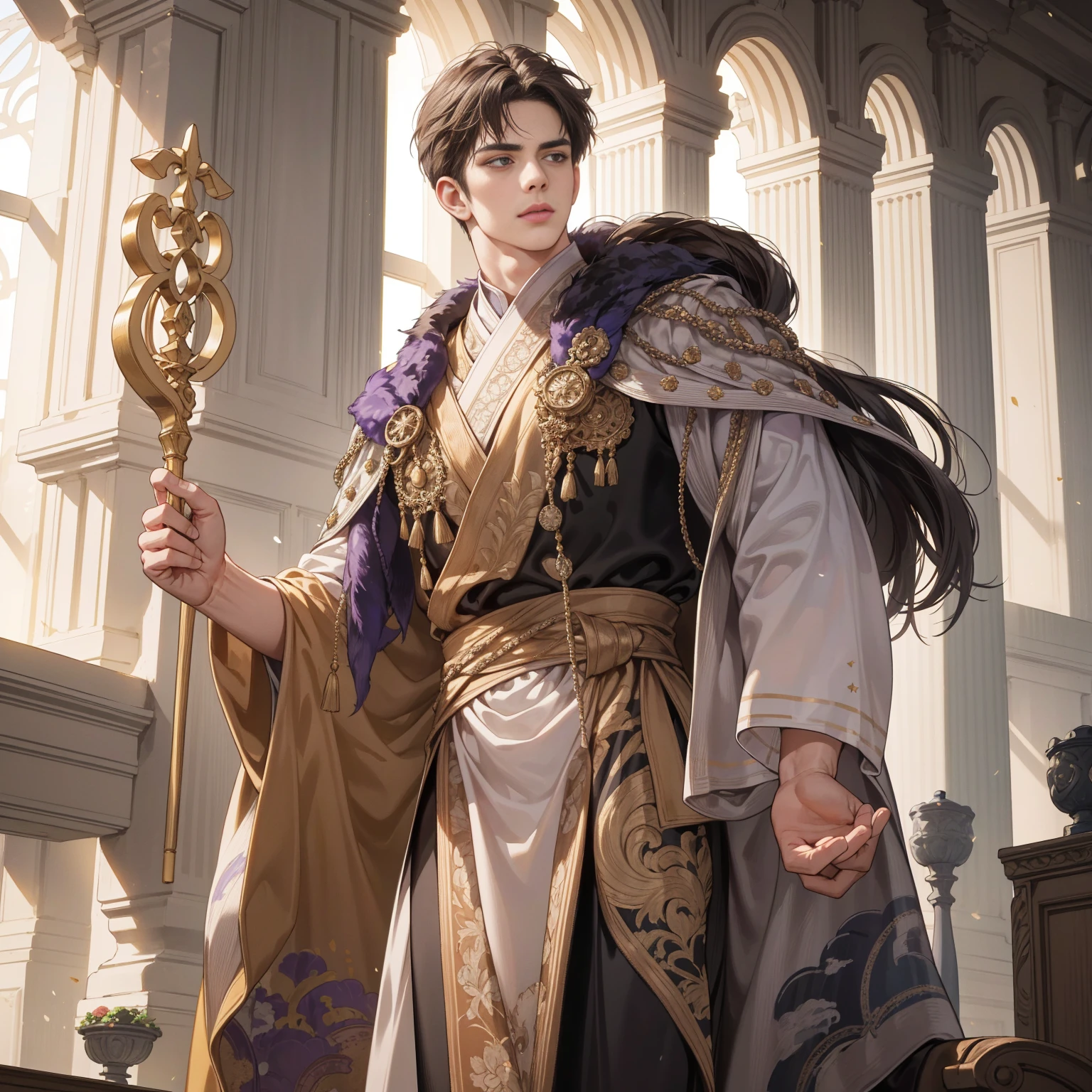 (best quality,4k,8k,highres,masterpiece:1.2),ultra-detailed,(realistic,photorealistic,photo-realistic:1.37), Roman Emperor Constantine the Great, majestic presence, noble and powerful gaze, detailed facial features, strong jawline and high cheekbones, intense eyes filled with determination, furrowed brow with a hint of wisdom, detailed lips expressing authority, flowing dark hair with intricate curls, wearing a golden laurel wreath on his head, adorned in a majestic purple imperial robe, embroidered with intricate designs, standing tall with a commanding posture, holding a scepter with a golden eagle perched on top, in the background, a grand marble palace with towering columns, representing the seat of power, surrounded by lush green gardens filled with blooming flowers, the sunlight casting a warm and golden glow on the scene, creating a sense of grandeur and opulence, capturing the essence of the Roman Empire's golden age.