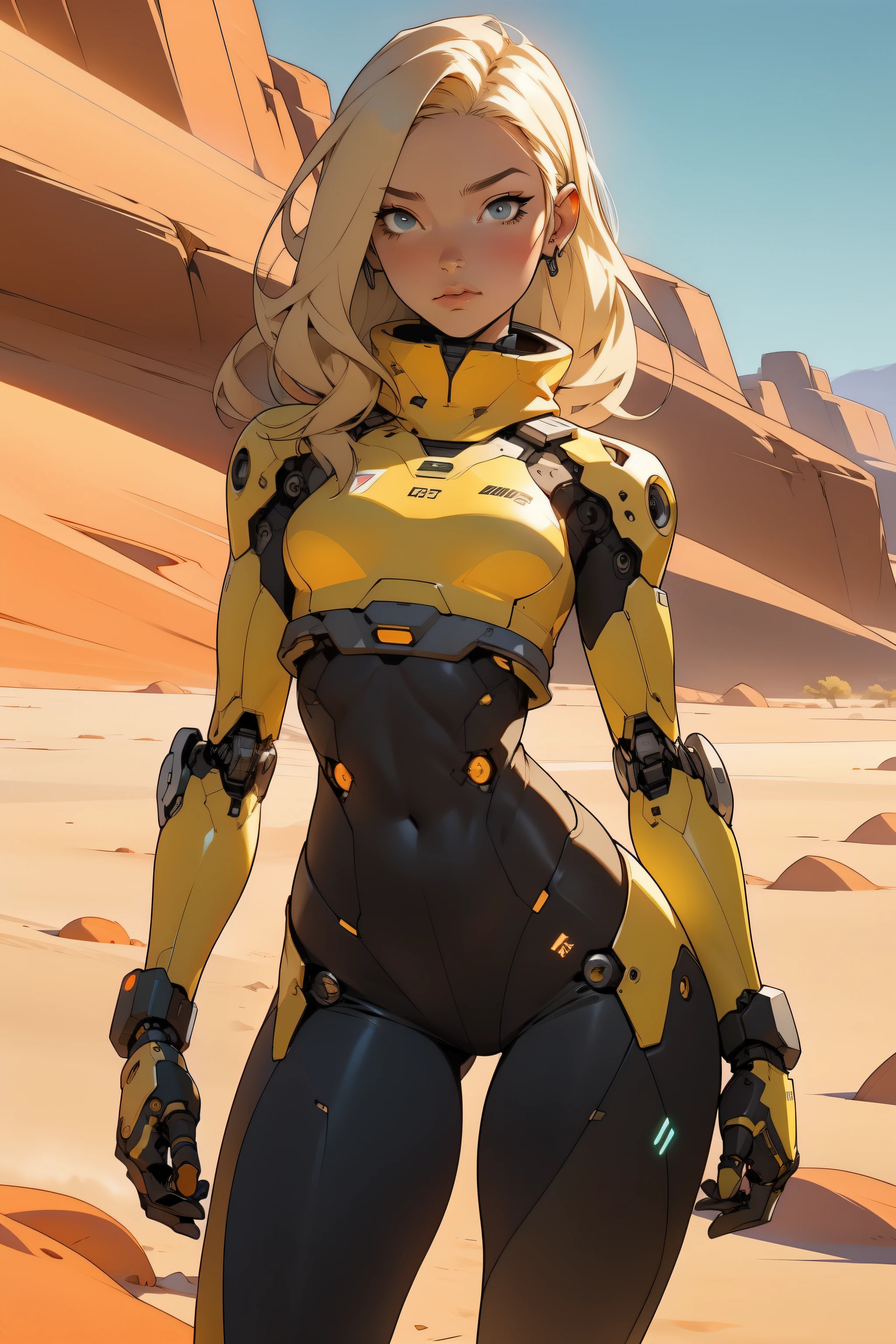 high quality, 4k, masterpiece, beautiful, cyborg girl, cowboy shot, dull eyes, front, looking at viewer, long blonde hair, girl, small breasts, fit thighs, robotic arms, robotic body, cyborg body, white & yellow uniform, orange accent, intricate detail, joint, detailed lines, robotic detail, holding fist up, holding hand up as fist, color robotic parts, robotic parts with color, perfect fingers, on a desert planet, sunny background, colorful desert, a river or a lake in the background, slender thighs, skinny thighs,
