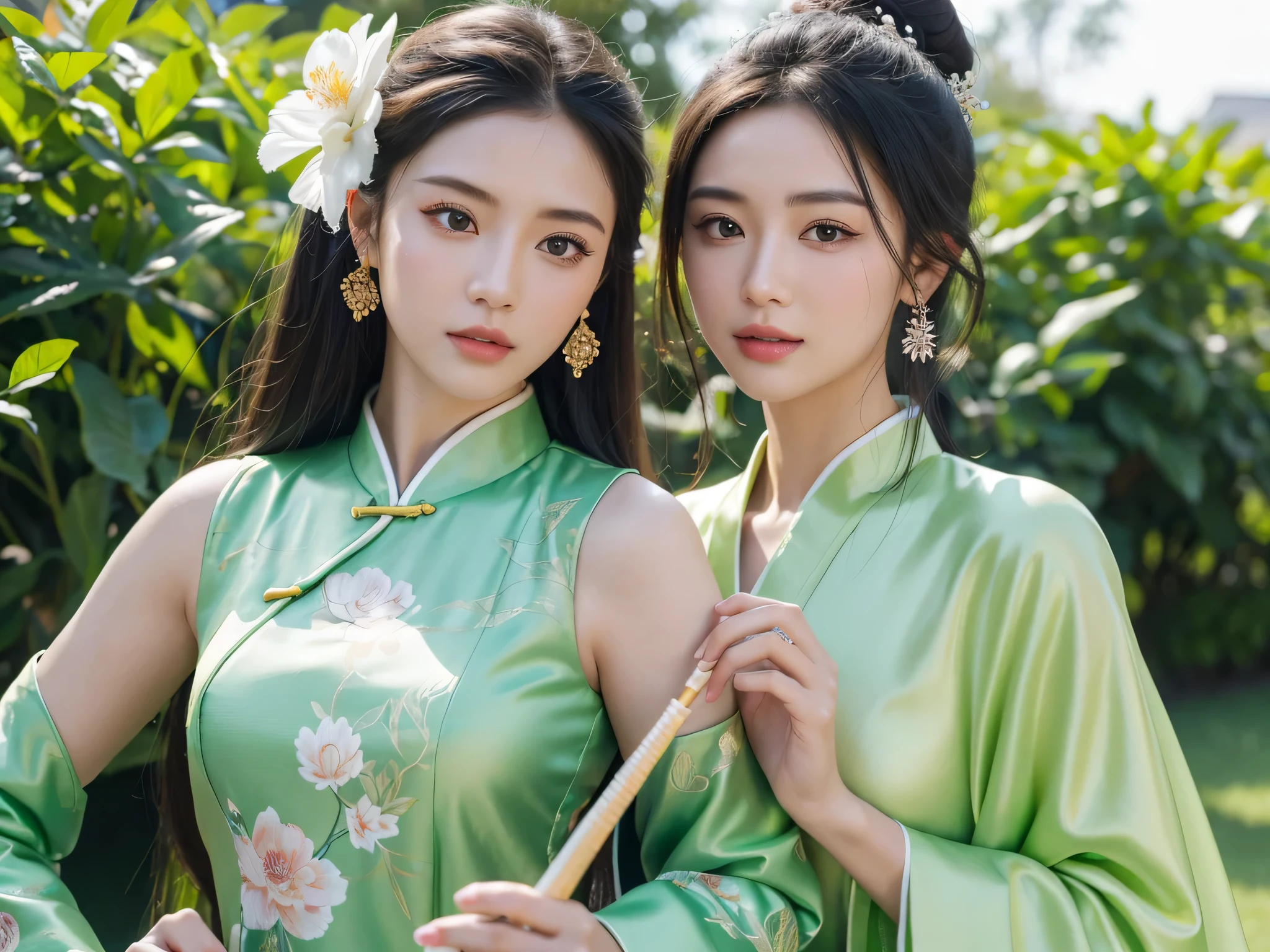 (best quality,4k,highres:1.2),ultra-detailed,realistic:1.37,Chinese traditional dress, outdoors, a girl holding a pipa, vibrant green grass field, beautiful and detailed eyes, stunning detailed lips, intricate facial features, shimmering white jade-like pipa, close-up shot, upper body shot, professional lighting, vivid colors, ultra-fine painting