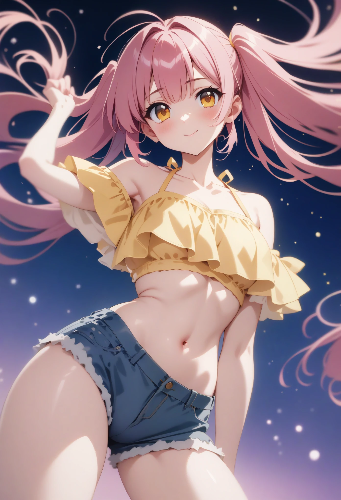 1girl, extra long bright vivid warm pink hair, gold eyes, flowing pigtails, closed mouth gentle smile, yellow halter top, jean shorts,floating in starry lake, very aesthetic, absurdres,newest,ai-generated, intricate, tisdean