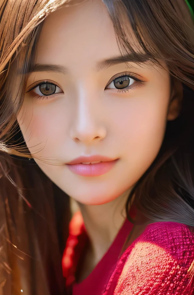 (((32ｋ,high details,high detail、masterpiece,attention to detail,alone))),Raw photo & realistic atmosphere,beautiful dark blue eyes,detailed mouth,glossy lips,thin eyebrows,fine eyes、Soft white skin that shines in every detail、her deep black eyes are so beautiful,Lip details、very beautiful face,very well-groomed face、lifelike face,Beautiful, shining lips,beautiful eyebrows,infinite reality, Realistic young gravure idol,she&#39;she&#39;she&#39;she&#39;she&#39;very cute woman , young gravure idol, young gravure idol, Very beautiful and cute Beautiful 21 year old girl,Incredibly beautiful and elegant，Beautiful 21 year old girl,natural soft light,（shiny hair,,Beautiful and kind eyes：1.5）,gentle smile,well-shaped chest,medium long hair,Tying up hair,Beautiful posture,no makeup,look ahead,Red clothes，
