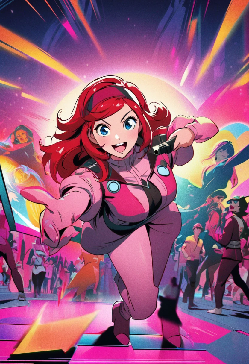 (a lovely woman in cosplay as Cowboy BeBop Fay Valentine with red hairband,holding a pistol),comic convention,illustration,cartoon style,high saturation colors,beautiful detailed eyes and face,long red hair,smiling expression,casually dressed,unique clothing,futuristic setting,excited atmosphere,vibrant background,cosplayers in other costumes,eye-catching,attention-grabbing,interactive environment,cosplay contest,creative make-up,playful poses,dynamic composition,energetic poses (best quality,4k,highres:1.2),ultra-detailed,realistic,artistic lighting,strong contrast,shaded areas,pop art style,comic book feel,sharp lines,stylized characters,brilliantly colored,animated experience,stylized scenery,happy vibes)