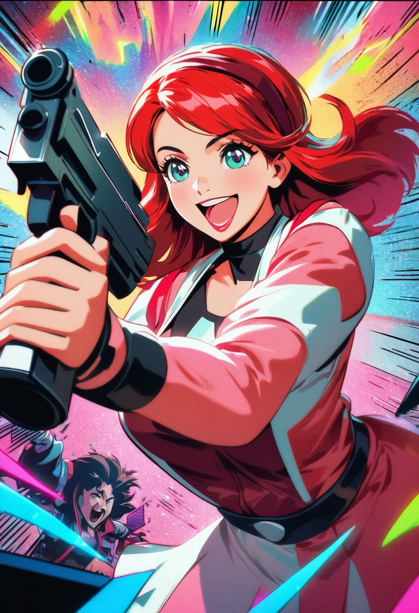 (a lovely woman in cosplay as Cowboy BeBop Fay Valentine with red hairband,holding a pistol),comic convention,illustration,cartoon style,high saturation colors,beautiful detailed eyes and face,long red hair,smiling expression,casually dressed,unique clothing,futuristic setting,excited atmosphere,vibrant background,cosplayers in other costumes,eye-catching,attention-grabbing,interactive environment,cosplay contest,creative make-up,playful poses,dynamic composition,energetic poses (best quality,4k,highres:1.2),ultra-detailed,realistic,artistic lighting,strong contrast,shaded areas,pop art style,comic book feel,sharp lines,stylized characters,brilliantly colored,animated experience,stylized scenery,happy vibes)