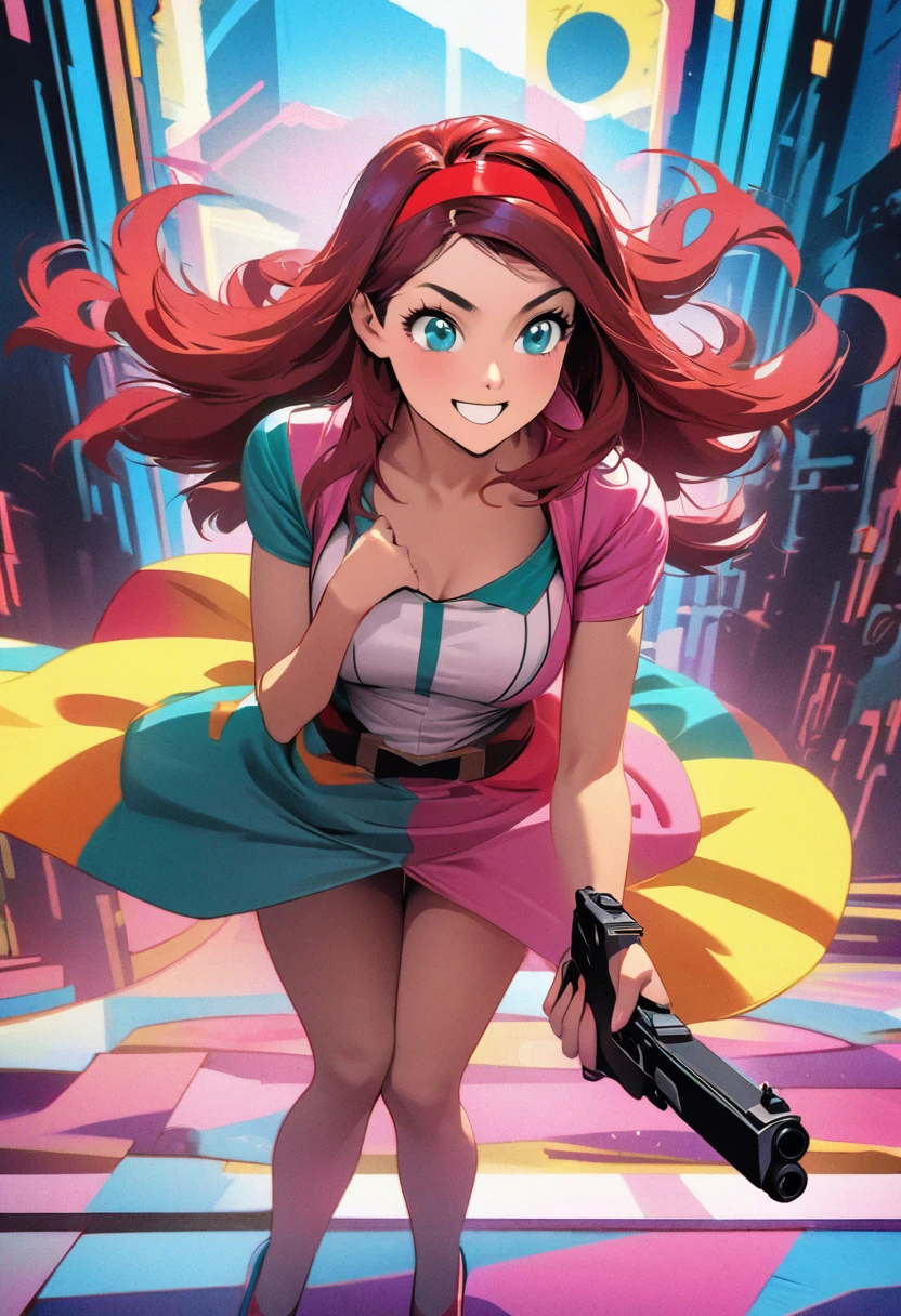 (a lovely woman in cosplay as Cowboy BeBop Fay Valentine with red hairband,holding a pistol),comic convention,illustration,cartoon style,high saturation colors,beautiful detailed eyes and face,long red hair,smiling expression,casually dressed,unique clothing,futuristic setting,excited atmosphere,vibrant background,cosplayers in other costumes,eye-catching,attention-grabbing,interactive environment,cosplay contest,creative make-up,playful poses,dynamic composition,energetic poses (best quality,4k,highres:1.2),ultra-detailed,realistic,artistic lighting,strong contrast,shaded areas,pop art style,comic book feel,sharp lines,stylized characters,brilliantly colored,animated experience,stylized scenery,happy vibes)