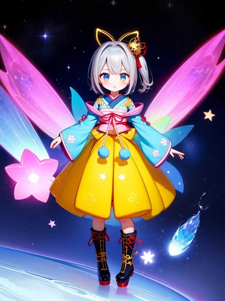 1girl、vtuber-fullbody、8K、Star Fairy、masterpiece、official art、Super detailed、super beautiful、かわいいStar Fairy、white straight short hair、Milky Way、universe、star charm、Star、baby face、Knee-high boots、Japanese pattern dress、浴衣をリメイクした黒と紺色のuniverseを思わせるOiranフリルドレス、universeを思わせるOiranフリルドレス、Oiran