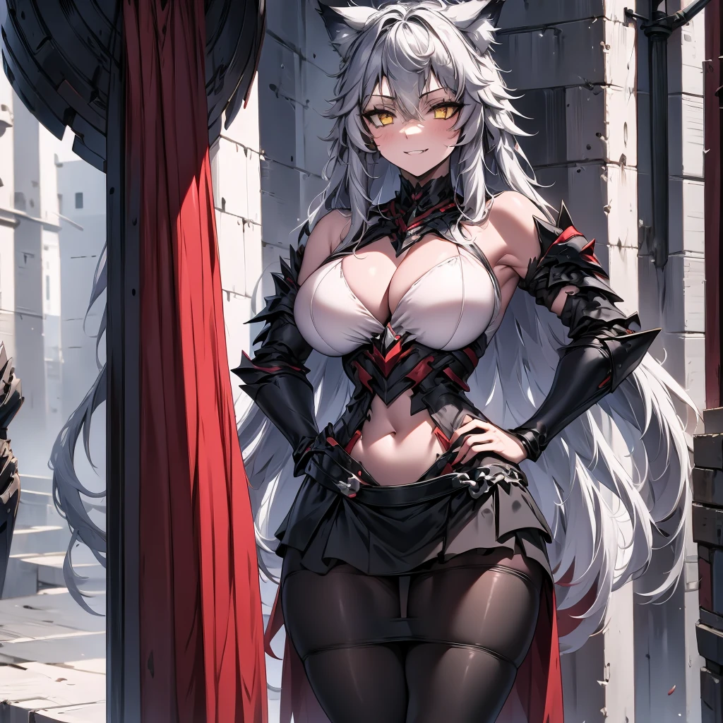 Solo, full body portrait, 8K, tall beautiful young woman, fluffy wolf ears, white pale skin, smooth skin, especially detailed face, masterpiece, ultra detailed, tmasterpiece, best quality, highlydetailed face, ultra-detailed face, goth aesthetic wolf tailed girl, athletic body, pale white skin, big breasts, curvy, busty, long hair, gray-silver hair, a werewolf young woman, wolf ears, long wolf tail, fluffy wolf tail, wolf-like irises, beautiful, enchanting, bright yellow eyes, detailed eyes, ultra-detailed eyes, accurate eyes, detailed irises, correct body proportions, elegant, small vertical scar under right eye, small rosy lips, cute fangs, wolf fangs, pretty hands, detailed hands, charming, slight blush, shy smile, metal armor, black bike shorts and skirt with stylish metal chains and a black top, detached sleeves, black and red armor, metal chest armor, armored long bike shorts, long armored skirt, black armored jacket, black metal armor, silver metallic ornaments, bare off shoulders, toned abs, exposed belly, standing straight pose, hands on hips pose, cute sulking expression