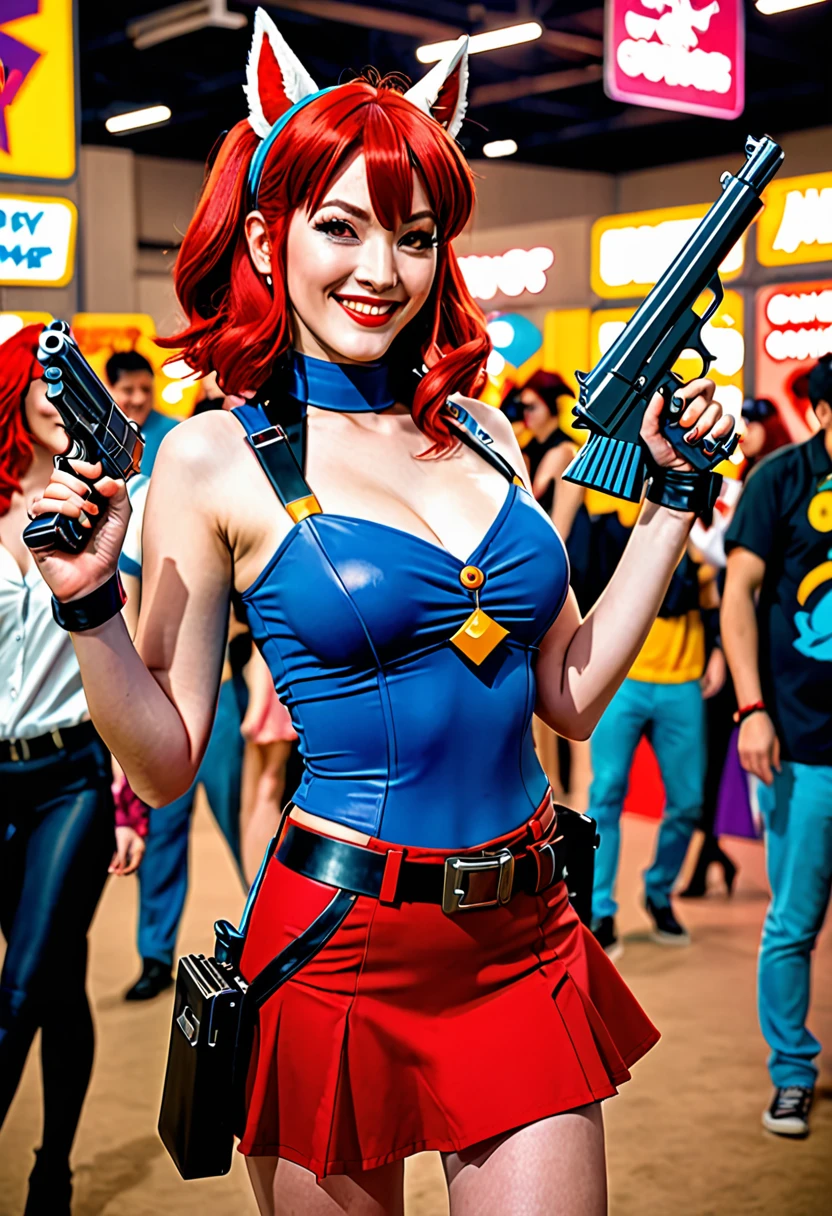 high angle photo of a gorgeous 34 year old woman, healthy skinny,short, small, realistic skin texture, looks up, smiling, big lips, little noose, sexy (red steampunk clothes), steampunk cosplay, (red hair with blue mops), blue hair mops, little boobs, small boobs,flexy boobs, small tits,skinny, posing on the street, night city(cyberpunk), street shops in the background, neon lights, 1 / 2 body crop, 21 5 mm art lens, f 1. 1, sharp focus, 8 k high definition, insanely detailed, intricate, elegant, photorealistic, real life, big shoulder, little neck, long lash, full lips, big lower lip, photo like, realistic picture, synmetric eyes