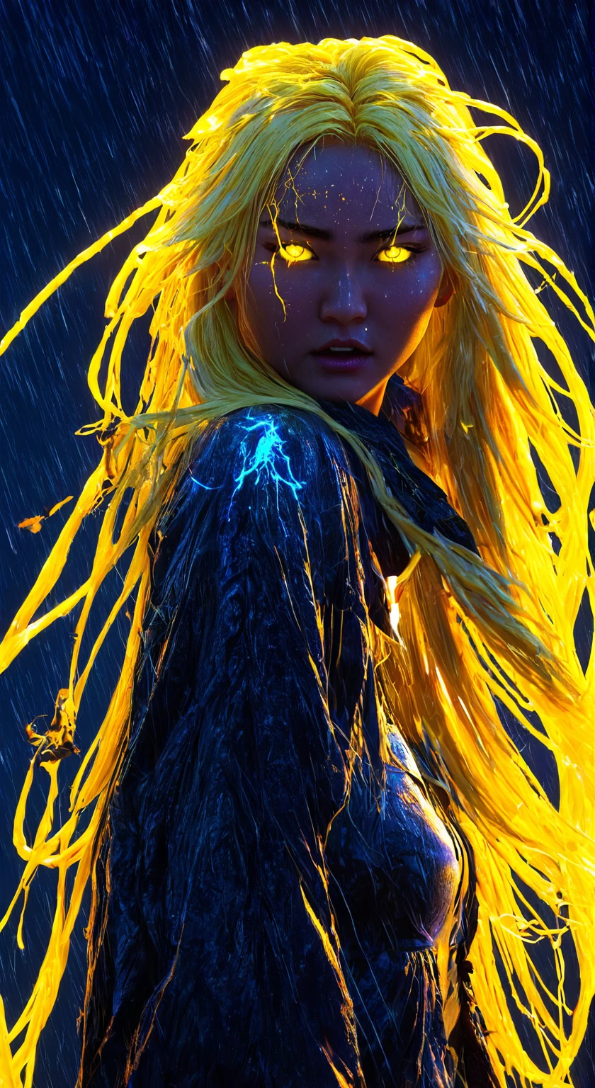 cosmic fallen angel, Holding a glowing stick,Long yellow hair,Hair that stands on end,Veins pop out on the face,Glowing yellow light eyes,eyes shine, biomechanics, Spooky, spooky, Nightmare, Very bright color, particles of light, The light shines, Musif, wallpaper art, uhd wallpaper,Background lightning,Lightning on the ocean background,In the storm,Mr.々Nakami々is powerfully depicted。They are the forces of nature and people.々Symbolizing the faith of、It expresses the mystery and sanctity of light.。