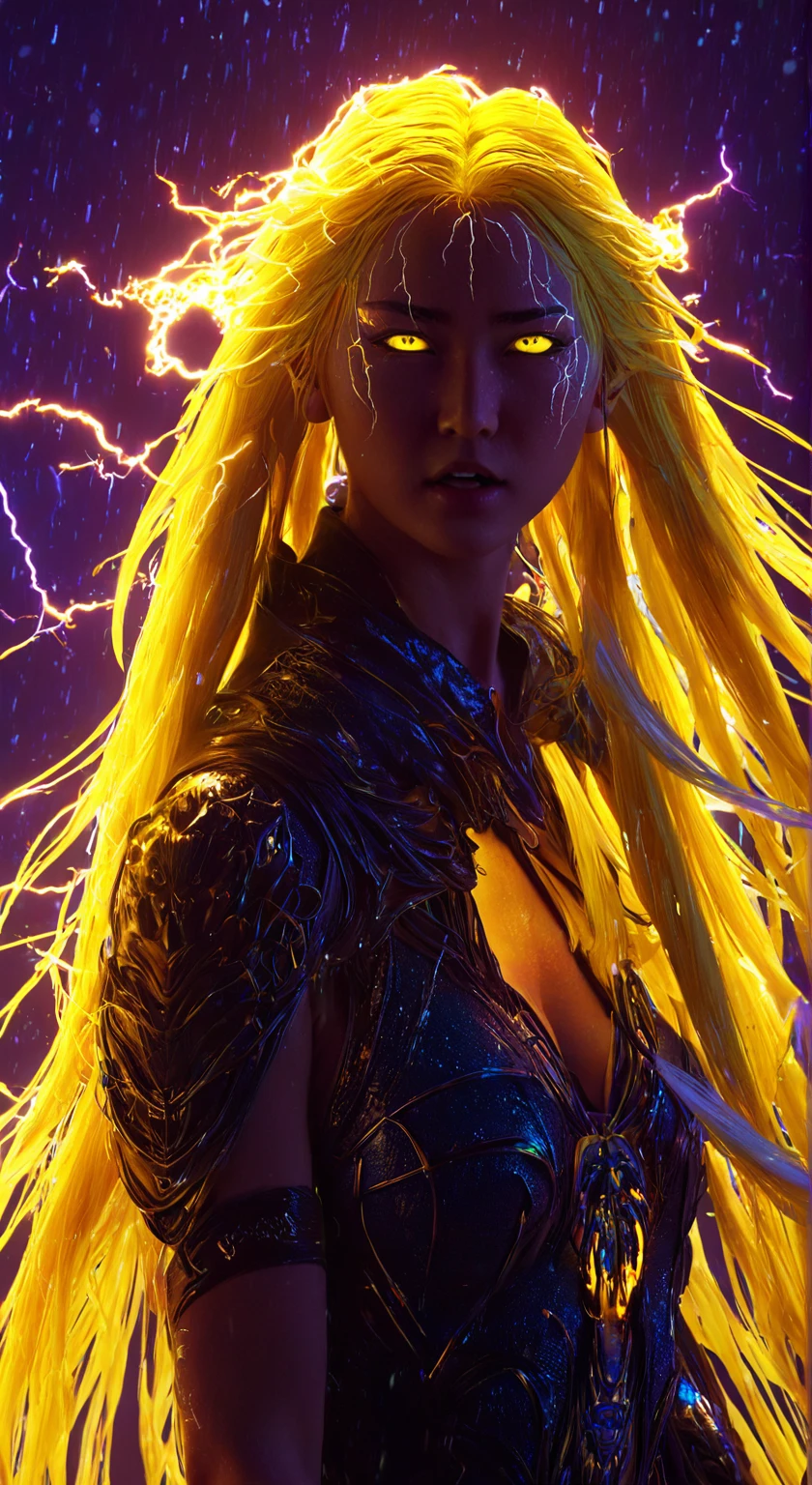cosmic fallen angel, Holding a glowing stick,Long yellow hair,Hair that stands on end,Veins pop out on the face,Glowing yellow light eyes,eyes shine, biomechanics, Spooky, spooky, Nightmare, Very bright color, particles of light, The light shines, Musif, wallpaper art, uhd wallpaper,Background lightning,Lightning on the ocean background,In the storm,Mr.々Nakami々is powerfully depicted。They are the forces of nature and people.々Symbolizing the faith of、It expresses the mystery and sanctity of light.。