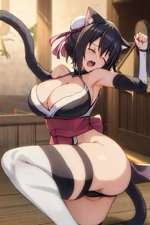 masterpiece, best quality, beautiful art, high resolution, well formed hands, body and fingers, 1 woman, solo, Lin Xiao Mei. , cat ears and cat tail , grown up , big breasted, cleavage, full body, wearing a Iroha Samurai Shodown outfit, maid, hair ornament, black stockings, pelvic curtain, sexy nese clothes, gorgeous legs and thighs, ryona , in peril, she is being beaten up by her opponent, she is slapped in the face and being slammed against the floor, fainting, receiving the impact of her opponent's attacks, closed eyes, screaming in pain and agony, ryona and perilous scene, bouncing breasts, weak and helpless,rtial arts tournament on the beach