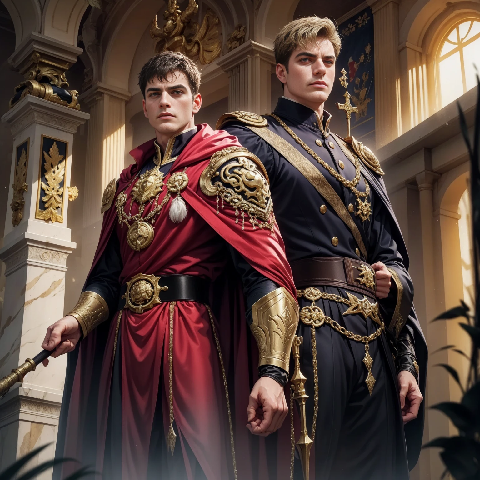 Roman Emperor Constantine the Great:
(best quality,4k,8k,highres,masterpiece:1.2),ultra-detailed,(realistic,photorealistic,photo-realistic:1.37),portrait,powerful,emperor,commanding,dominant,regal,serious,imposing presence, authoritative,imperial crown,golden laurel wreath,bold,confident,stern expression,penetrating eyes,thick,curly beard,straight nose,firm jawline,richly decorated armor,red cape flowing elegantly,dark,royal purple tunic,ornate scabbard with jeweled hilt,holding a majestic scepter,standing tall with one hand on the handle of a double-edged sword,historical setting,sunlit marble palace in the background,marble columns,grand staircase,expansive courtyard,pomp and grandeur,richly adorned room,luxurious tapestries,historical accuracy,elegant pose,commanding presence,classic artistic style,vivid color palette,subtle shading,soft lighting,dramatic composition.