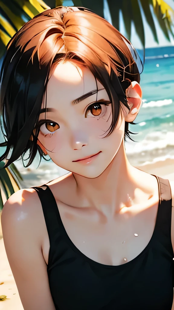 highest quality、realistic、Japanese、Women、cute、orange eyes、short hair、black hair、all back、Forehead is coming out、Ocean、Midsummer、Strong sunlight、Sweaty orange tank top、joy、Grinning、face close up、small breasts、slender