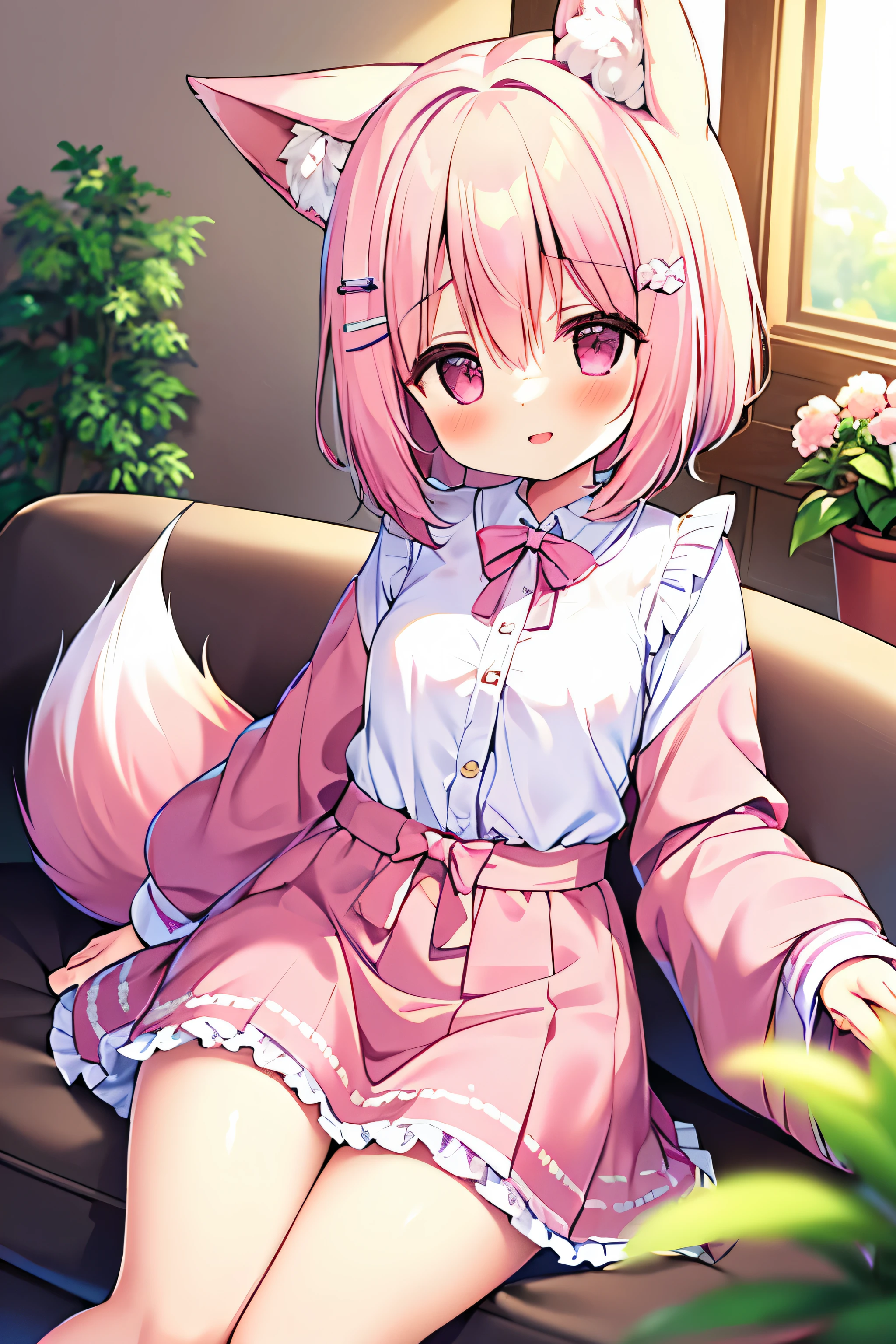 (((masterpiece))), (((最high quality))), (((high quality))), (((beautiful))), (((8K))), (((High resolution)) (((超High resolution))), (((High resolution))), (pink short hair:1.3), (Pink fox tail:1.4), (Pink fox tail:1.2), Pink fox ears with white tips, (pink eyes), small breasts, (cowboy shot:1.3), (laughter), (living room:1.4), (sitting on the sofa:1.4), (flower pot:1.4), (long sleeve), (Long maxi skirt:1.4), (ribbon, frills)