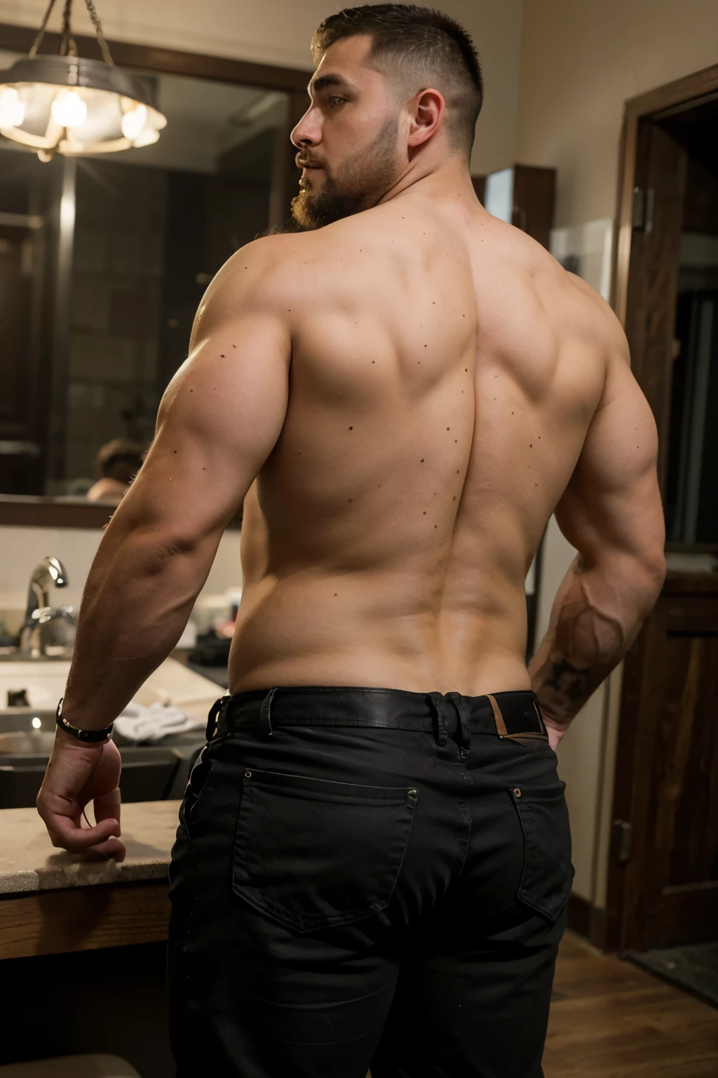 Intense cinematographic scene., fat uncle,ligeramente barbudo,Fuerte body,pelo corto y oscuro, cabello corto, thick arm muscles, Thick leg muscles, bbw, Fuerte, Hombre gordo de mediana edad, FOTO DE CUERPO COMPLETO, lados afeitados de pelo medio, Fuerte, muscular, Grandes protuberancias, backside yellow black jeans de hombre