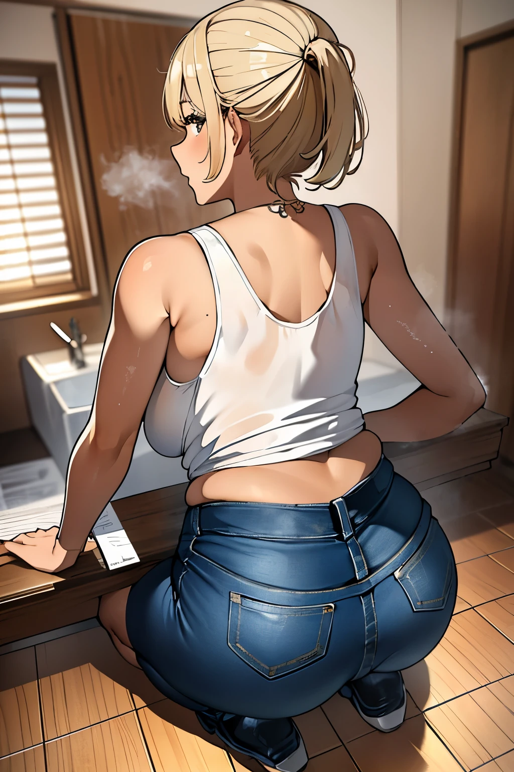 Mature Japanese Woman、short hair、ponytail、(((bright blonde:1.2)))、(((gal)))、金髪gal、tanned skin、(((big :1.1)))、sexy、Red cheeks、(((nsfw)))、big が見える、Cleavage is separated、(((masturbation)))、(((sex)))、sweaty、(((Pussy)))、(((pubic hair)))、(((Tank top&jeans)))、love hotel、40 years old、mature woman、Married woman、wedding ring、(((Point your  towards the screen)))