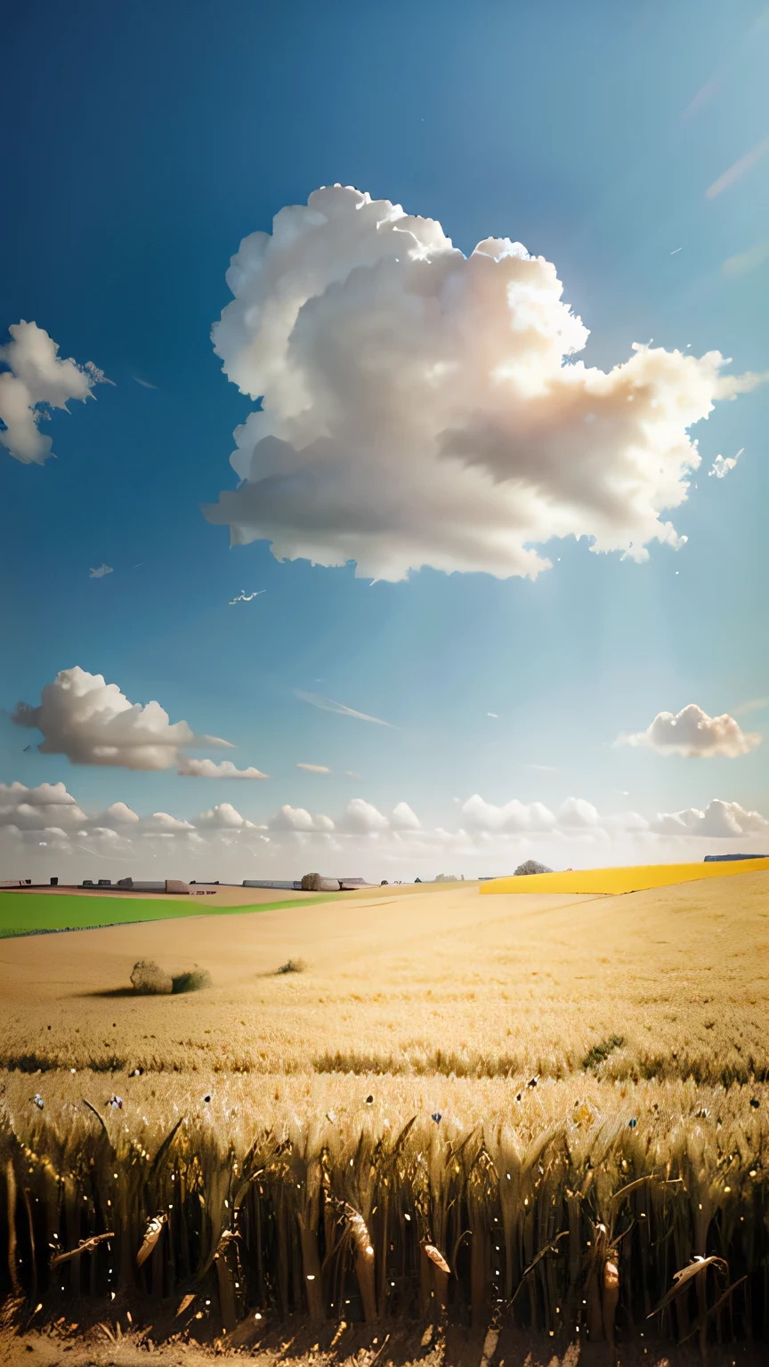 Wheat fields in spring,The ears of wheat are plump,Blue sky and white clouds in the distance,Cinematic effects,Realistic style