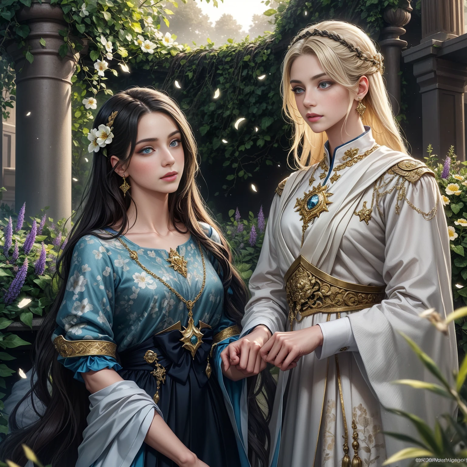 A girl with beautiful detailed eyes and lips, extremely detailed eyes and face, long eyelashes, dressed in a royal attire, standing confidently in a lush and grand garden. The girl is surrounded by vibrant flowers and tall, elegant trees. The garden is bathed in golden sunlight, creating a warm and inviting atmosphere. The girl's expression is peaceful yet determined, exuding a sense of power and authority. The garden is filled with the sound of chirping birds and the fragrance of blooming flowers. The colors in the painting are vivid and rich, with a balanced mix of warm and cool tones. The lighting is soft and natural, casting gentle shadows on the ground. The overall quality of the artwork is of the highest standard, with intricate details and realistic textures. The medium used for this artwork is oil painting, adding a touch of classical elegance to the piece. The painting style is reminiscent of the portraits of Renaissance masters, capturing the essence and grace of the Roman Emperor Constantine the Great.
