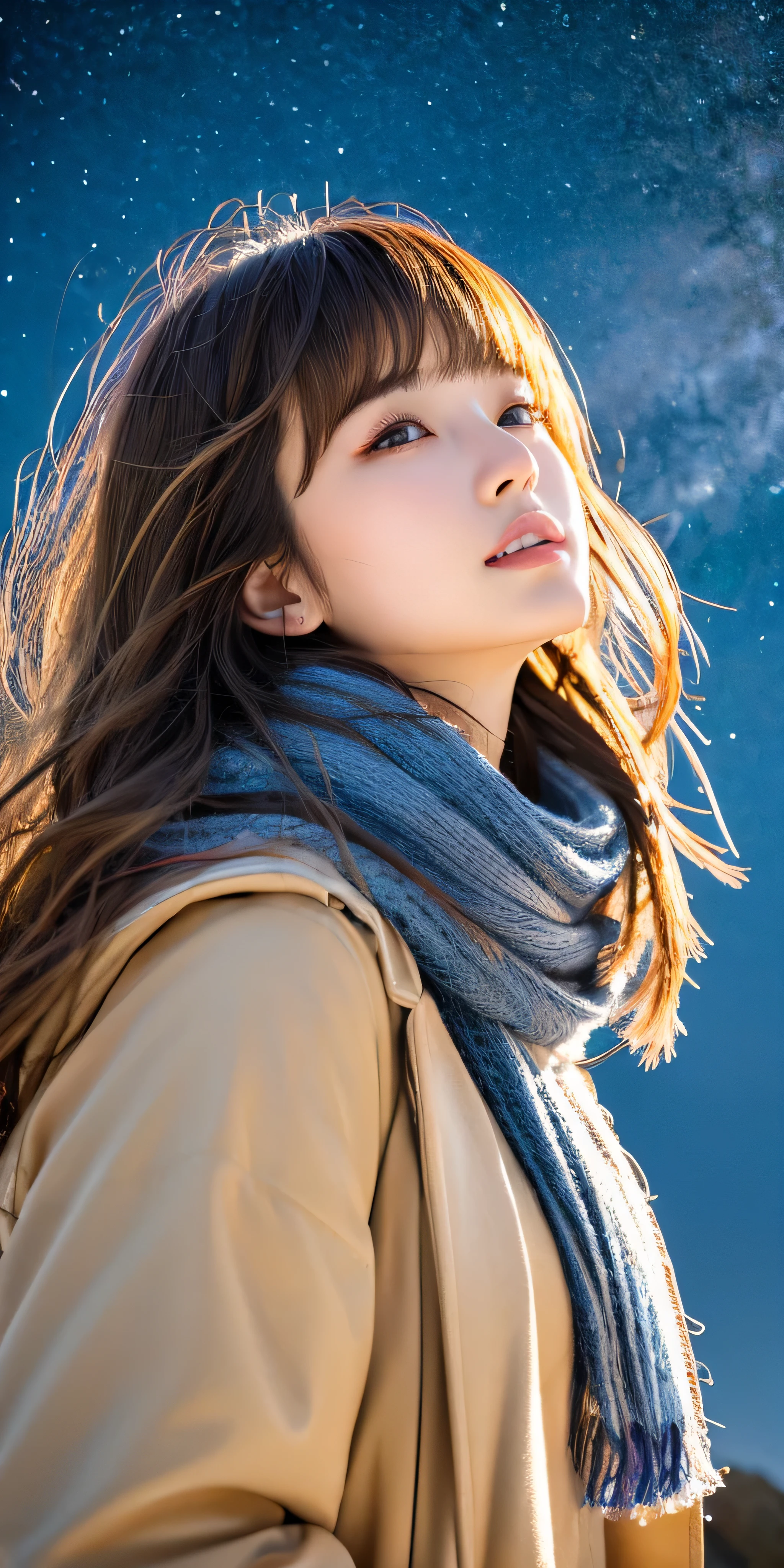 ((hair blowing in the wind、no makeup:1.2))、(realistic、Photoreal、Super detailed、best detailed skins、highest quality、masterpiece、超A high resolution)、cute russian woman、、high school girl、young girl、1 girl、have bangs、ash blonde:1.7、double eyelid、drooling eyes、Japanese style face、purity、realistic skin type、thick muffler、Gray muffler、Fluffy hair、((There'hair in scarf:1.3))、red cheeks、The wind is blowing、that'It's snowing、night、illumination、Lighting from behind、hair blowing in the wind、((Southern Alps summit、A meteor shower、milky way galaxy、stare at the sky、night sky、:1.0))