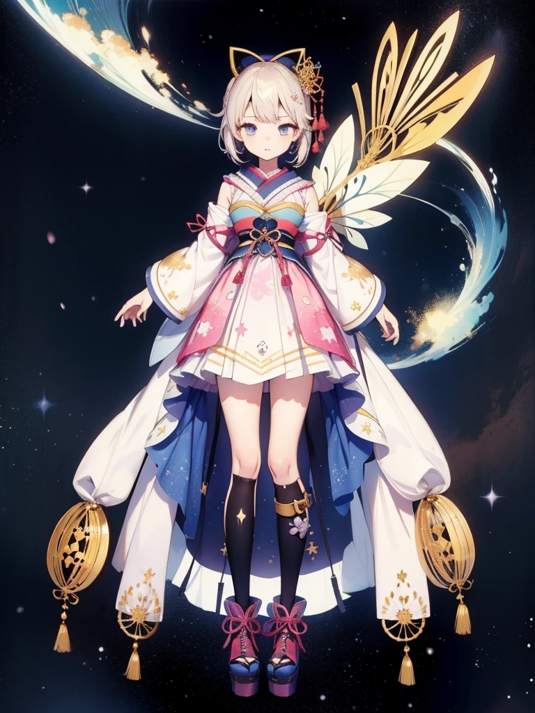 1girl、vtuber-fullbody、8K、Star Fairy、masterpiece、official art、Super detailed、super beautiful、かわいいStar Fairy、white straight short hair、Milky Way、universe、star charm、Star、baby face、Knee-high boots、Japanese pattern dress、浴衣をリメイクした黒と紺色のuniverseを思わせるOiranフリルドレス、universeを思わせるOiranフリルドレス、Oiran