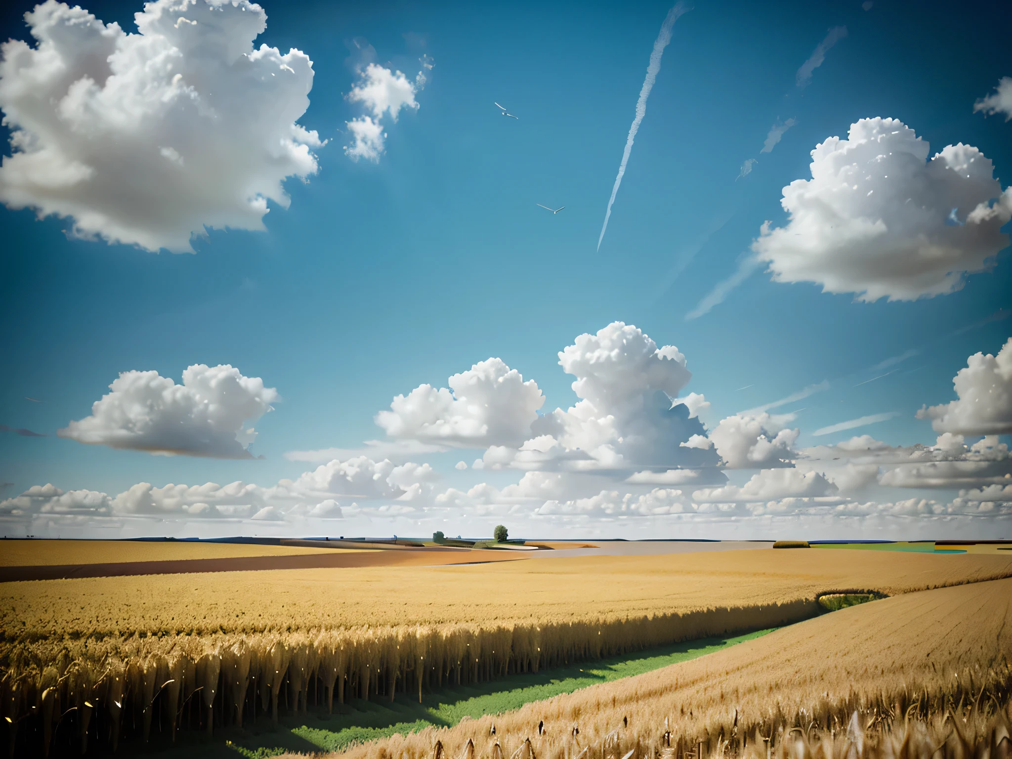 Wheat fields in spring，The ears of wheat are plump，Blue sky and white clouds in the distance，Cinematic effects，Realistic style