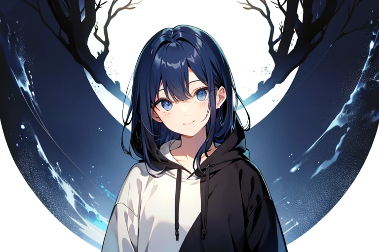 Full upper body、dark blue hair、Unmotivated eyes、blue eyes、woman、pale color、room着、relax、hoodie、smile、room