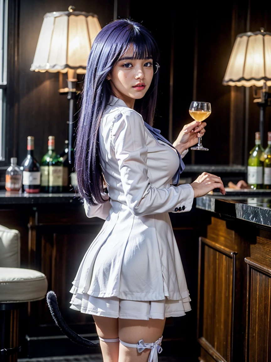 (1 lady), (Best quality at best:1.4), (ultra - detailed), (extremely detailed CG unified 16k), A Beautiful Woman with Perfect Figure: 1.4, Sharp Focus: 1.2, purple hair, very detailed, High-definition RAW color photo, professional photoshooting, amazing face and eyes, cosmetics, (amazingly beautiful girl), ((frederica bernkastel)), ((dress, bowtie, mary janes, socks, cat tail, tail bow, tail ornament)), standing, sexyposture,(Dark and stylish bar, drinks, lamp lights, lamp lights:1.3), (look from down), realistic cinematic face, head to feet long wide zoomed out view, full body long view, photorealistic, ((realistic natural purple hair style, purple eyes)), ((glasses with liquor floating around her)), gorgeous, extremely beautiful face, perfect model beauty, pout mouth, Highly Detailed Face and Skin Texture, Detailed Eyes, Double Eyelids, Big Breasts, Smile, flirting smile, cleavages, western, (masterpiece), best quality, high resolution, extremely detailed, blurred background, depth of field, cinematic lighting, amazing legs, high heels, clear and well-cared skin, from behind, nice ass,