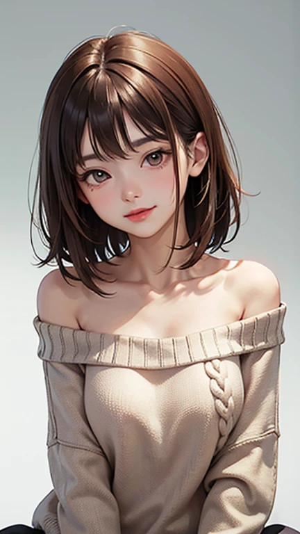 A light blush and a smile, (Masterpiece of the highest quality:1.2) Delicate illustrations, super detailed, /beautiful japanese woman、1 person,Very cute and slim、outstanding style 、((8K image、super high quality))、Very delicate face, Skin and Hair、red lipstick、short hair、straggling hair,(((((Gradient Hair、light brown hair))))),Very cute Japanese cut face、Eyes and nose are clearly visible、Kind eyes,(((off shoulder sweater、looking at the viewer)))、full body shot