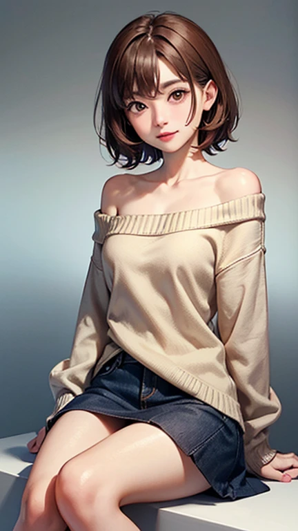 A light blush and a smile, (Masterpiece of the highest quality:1.2) Delicate illustrations, super detailed, /beautiful japanese woman、1 person,Very cute and slim、outstanding style 、((8K image、super high quality))、Very delicate face, Skin and Hair、red lipstick、short hair、straggling hair,(((((Gradient Hair、light brown hair))))),Very cute Japanese cut face、Eyes and nose are clearly visible、Kind eyes,(((off shoulder sweater、looking at the viewer)))、full body shot