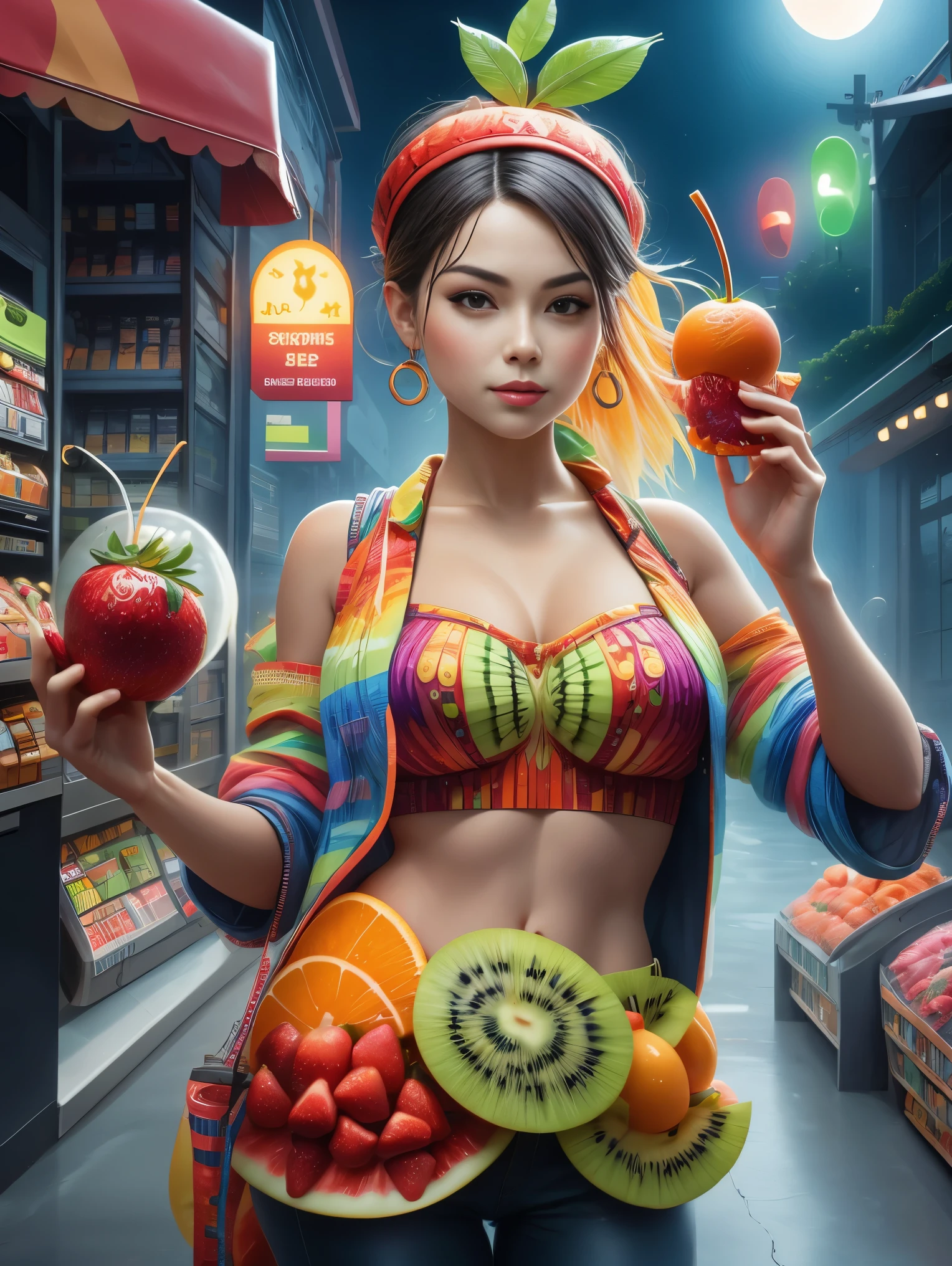 (A convenience store salesperson made of various fruits:1.2)，Standing upright in a casual posture，Body made of orange，watermelon，kiwi，Strawberries and other colorful fruit slices, (Midnight convenience store:1.8)，(Bathed in the grey fog of the quiet night), (master level:1.2), Super details, Realistic, (Photorealism:1.3), first-person view, UHD, masterpiece, ccurate, anatomically correct, super detail, best quality, 8k